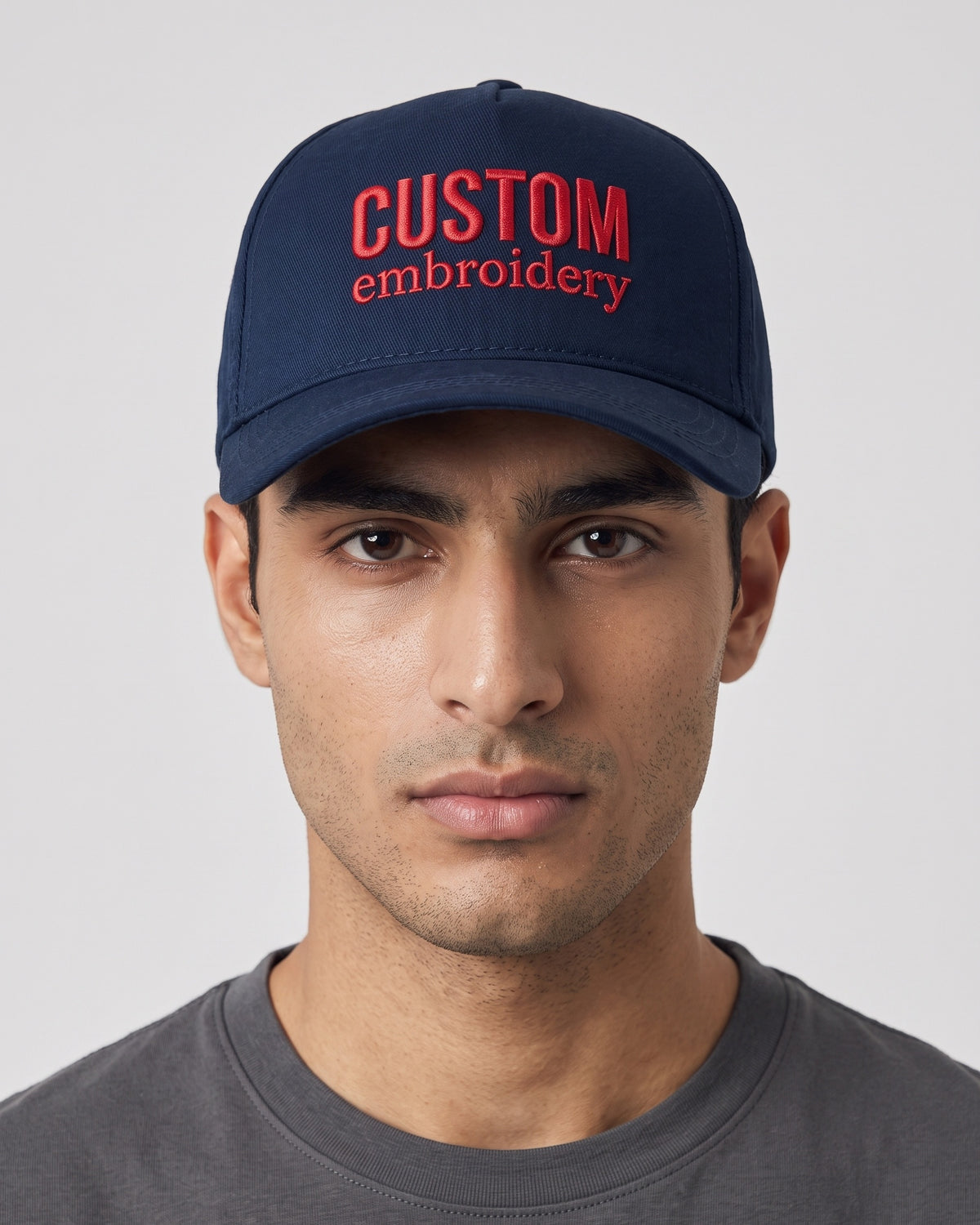 Custom Text 3D Embroidered Hat worn by a model, front view