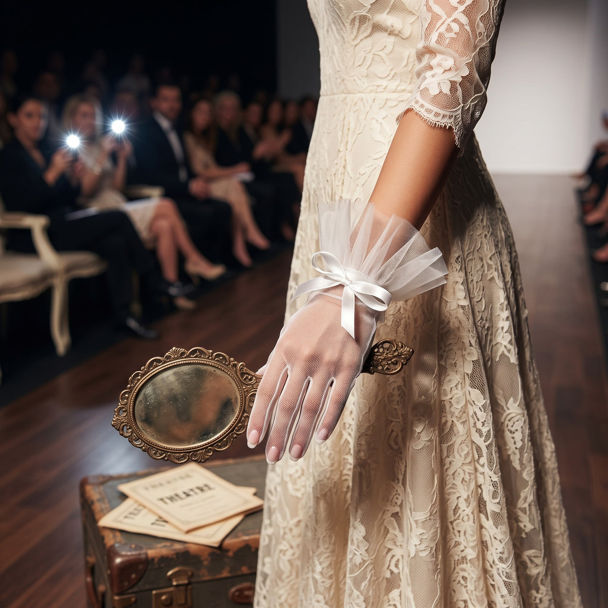 Sheer white tulle wrist gloves with a pleated tulle ruffle cuff and a satin bow.