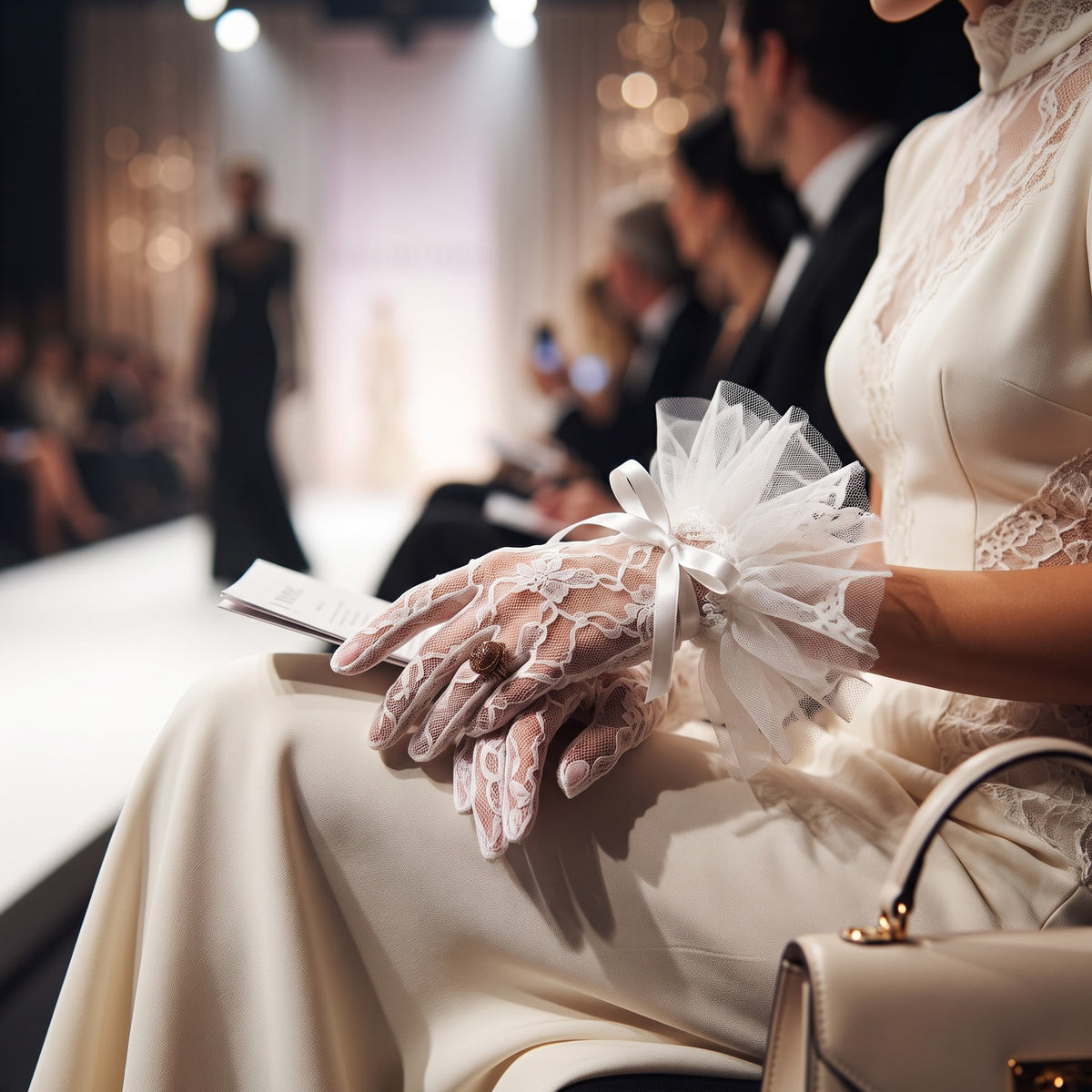 White lace wrist gloves with a soft tulle bow cuff and a single pearl.