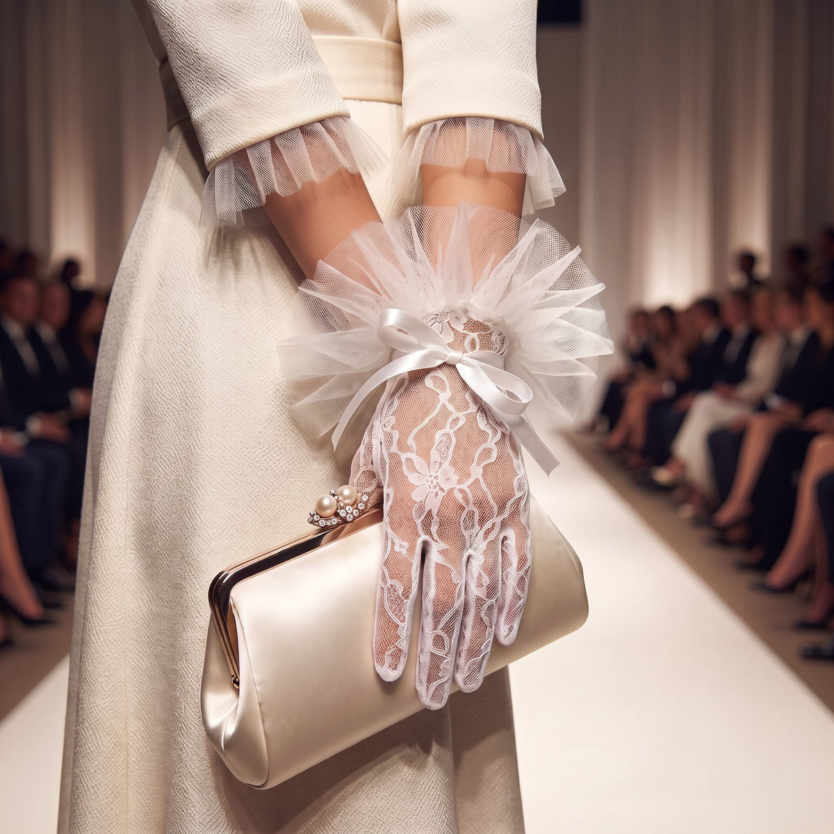White lace wrist gloves with a soft tulle bow cuff and a single pearl.
