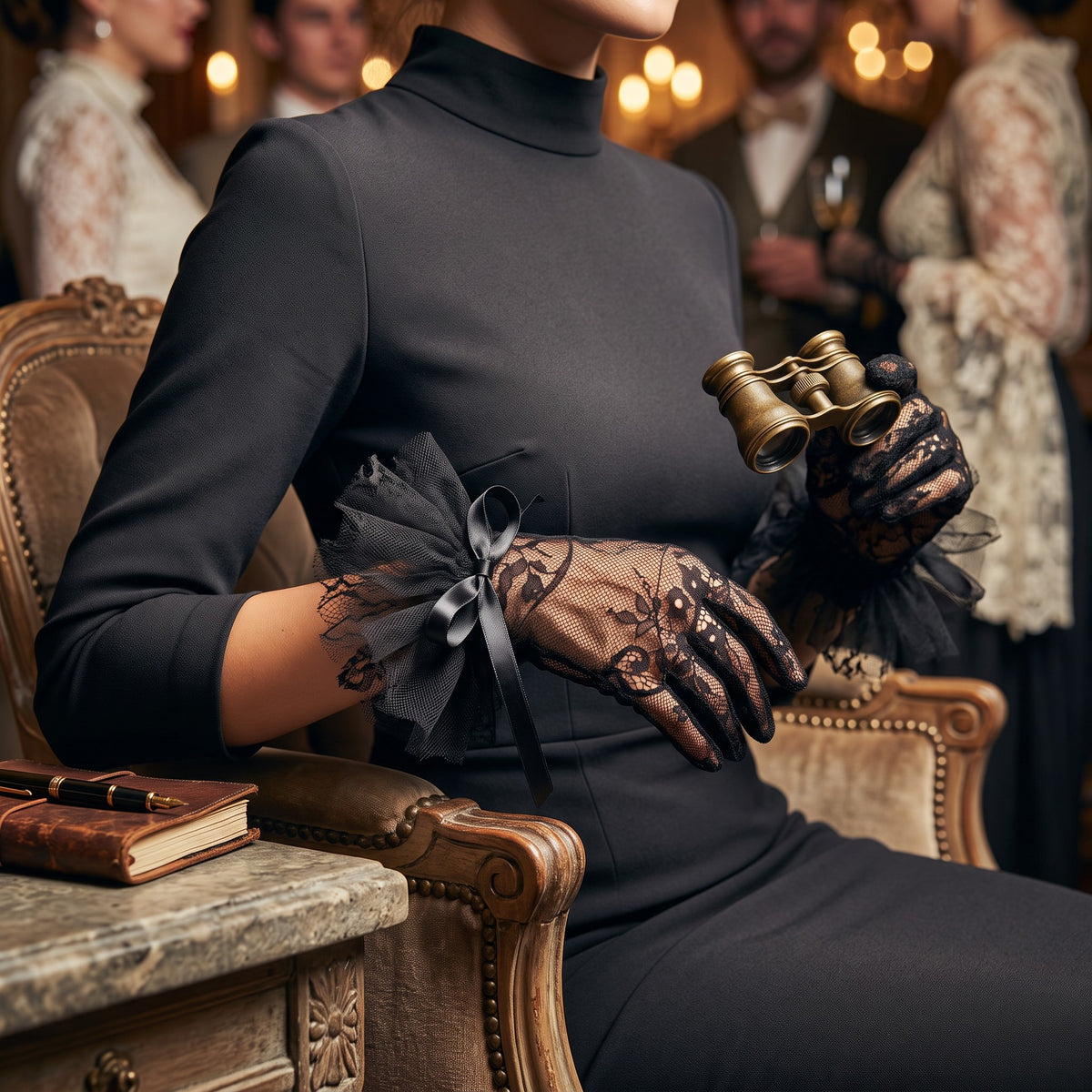Black floral lace wrist gloves with a black tulle ruffle cuff and satin bow.