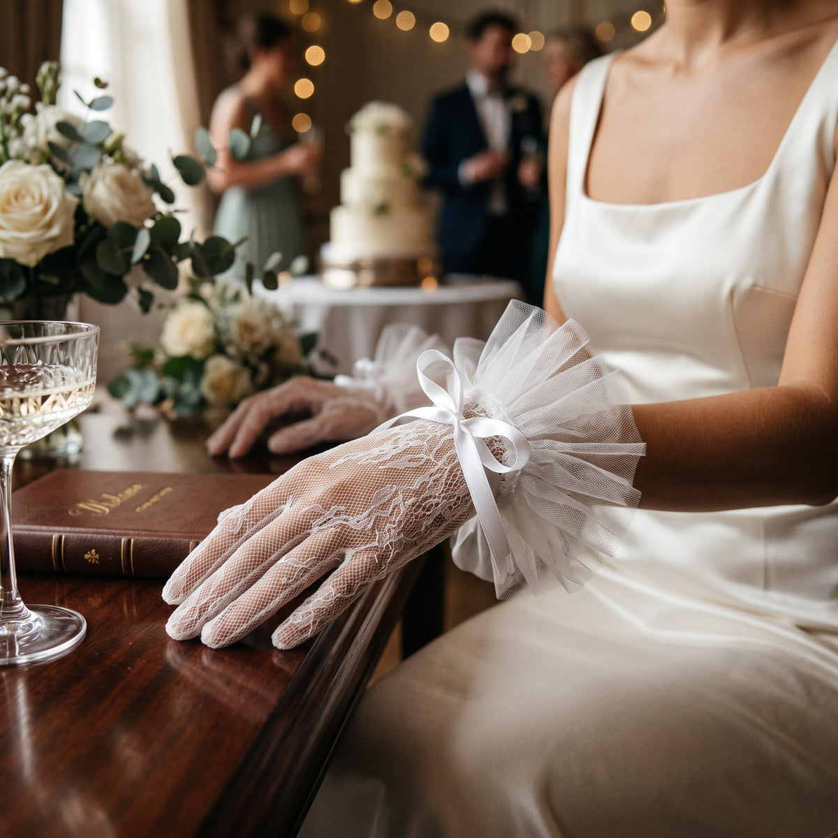 White floral lace wrist gloves with a crisp pleated tulle fan cuff and satin bow.