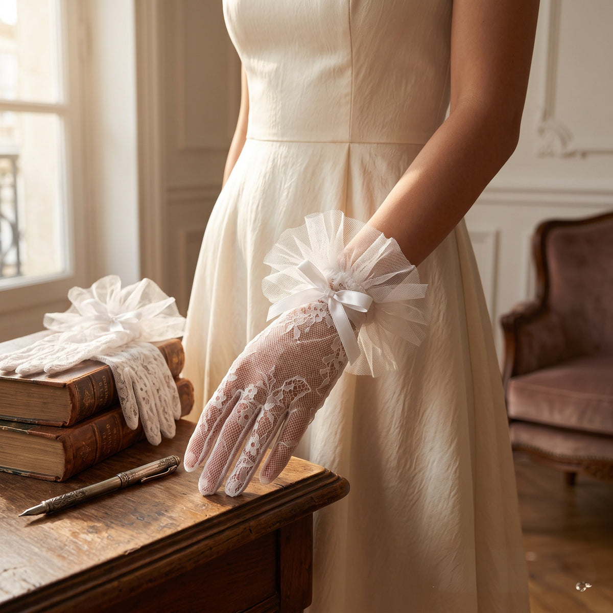 White scalloped lace wrist gloves with a compact pleated tulle rosette cuff.