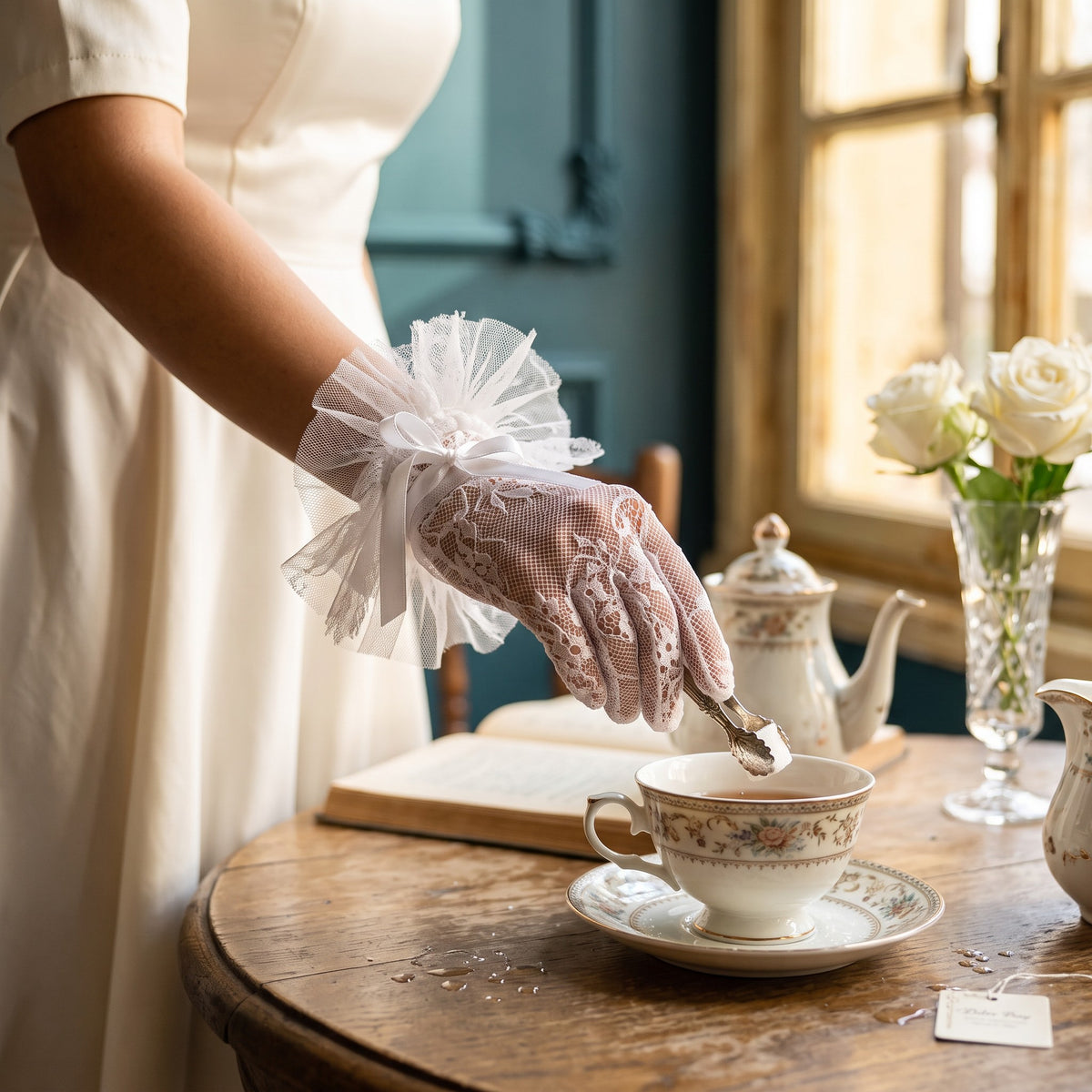 White scalloped lace wrist gloves with a compact pleated tulle rosette cuff.
