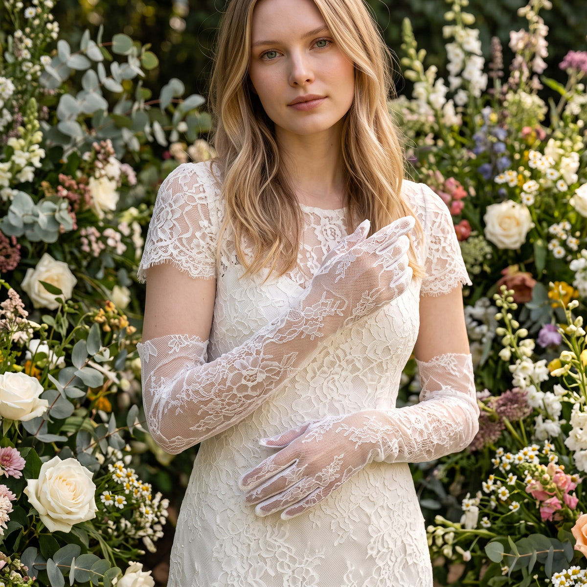 Above-elbow white Chantilly lace gloves with scalloped edges, fingers covered.