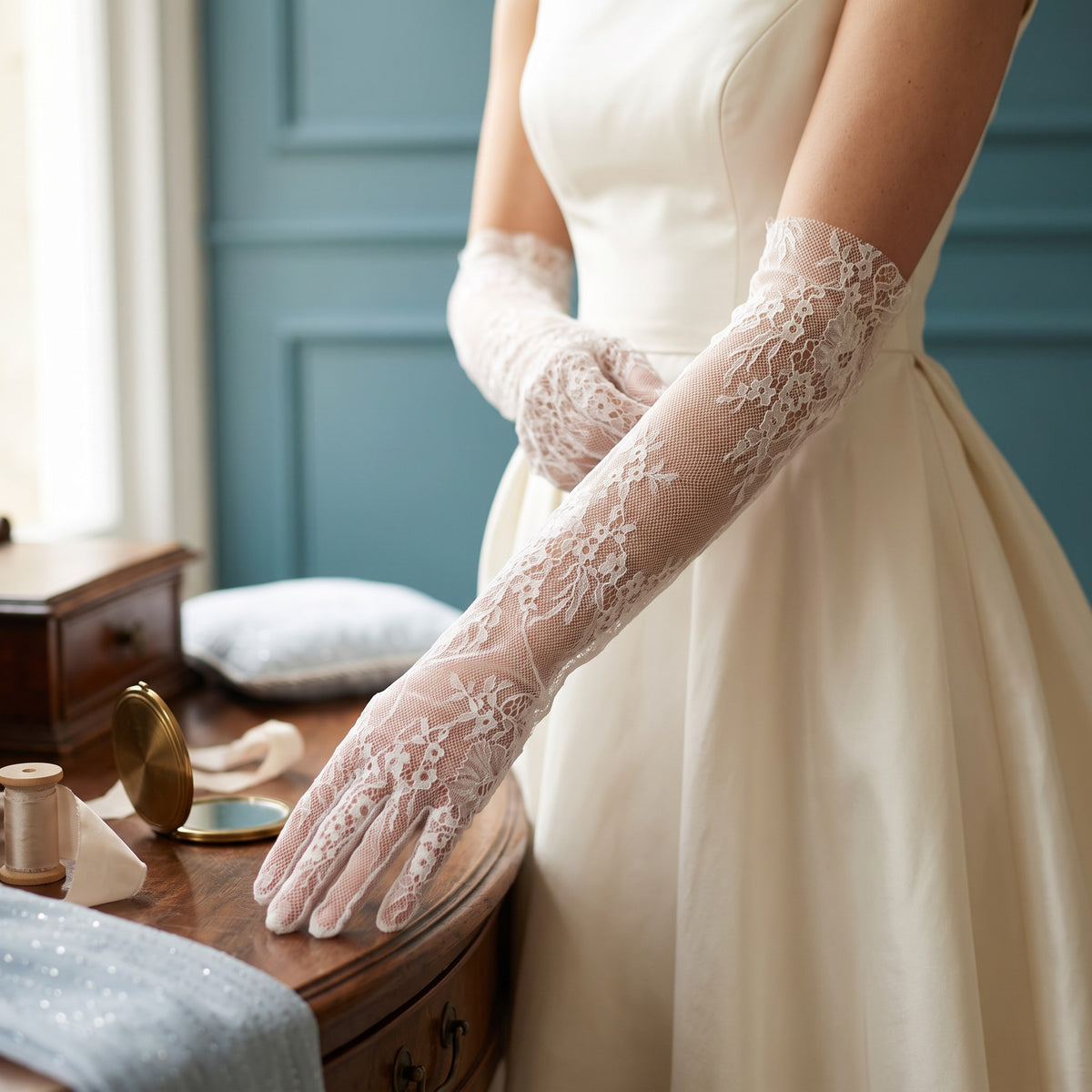 Elbow-length white floral lace gloves with a banded top edge.