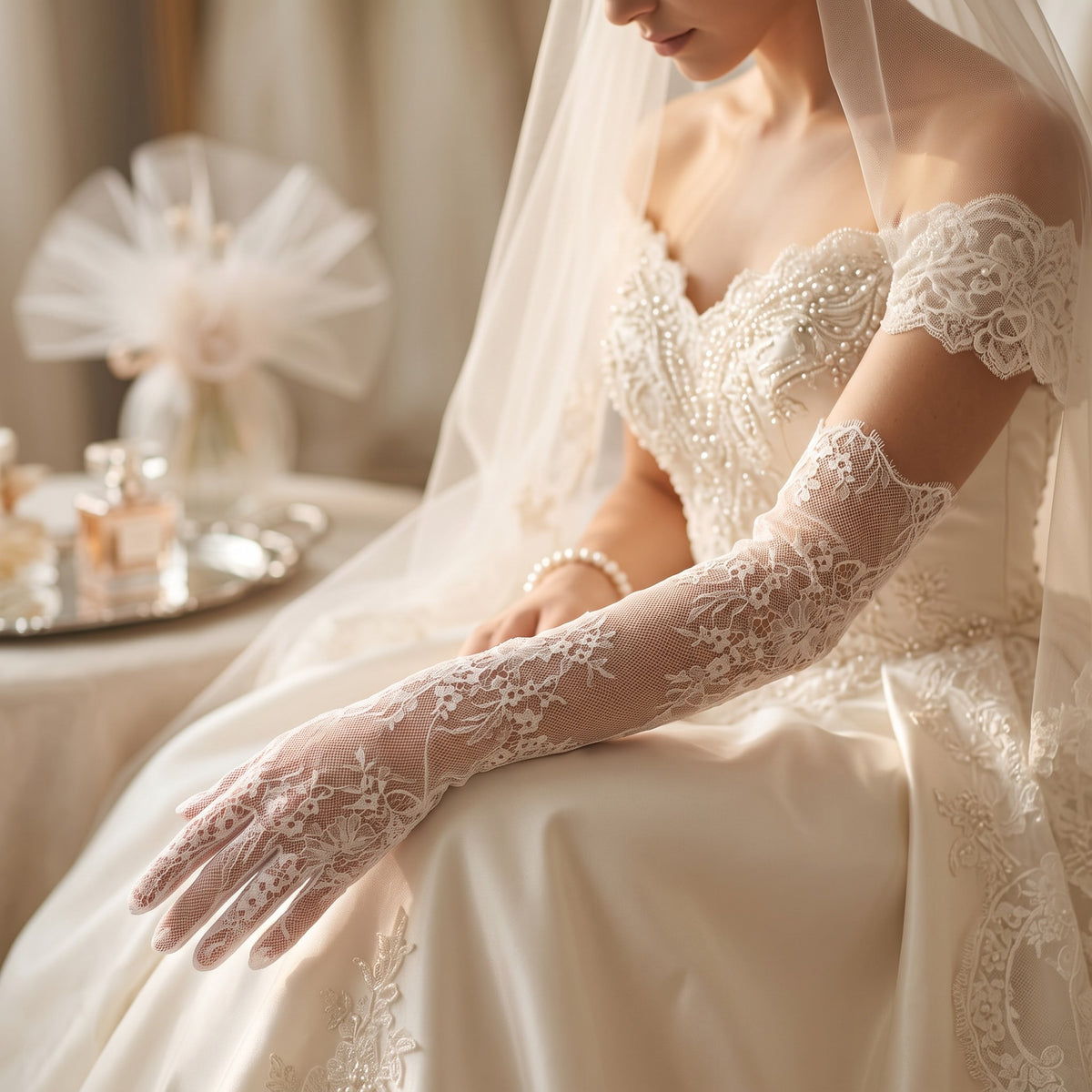 Elbow-length white floral lace gloves with a banded top edge.
