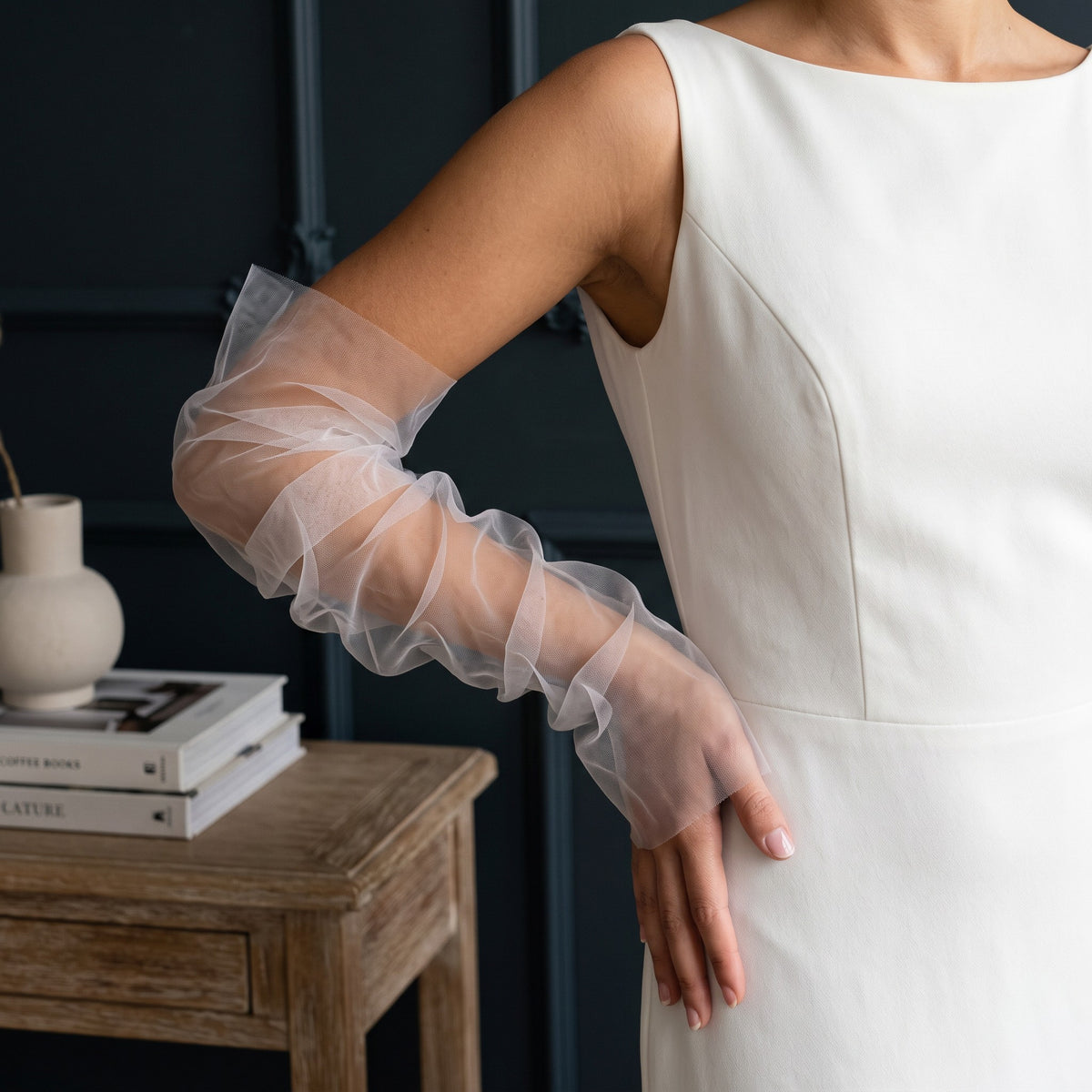 Ruched white tulle arm cuffs, fingerless, plain with no trim.