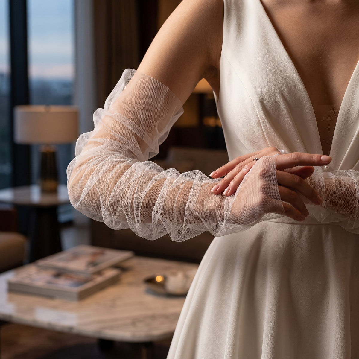 Ruched white tulle arm cuffs, fingerless, plain with no trim.