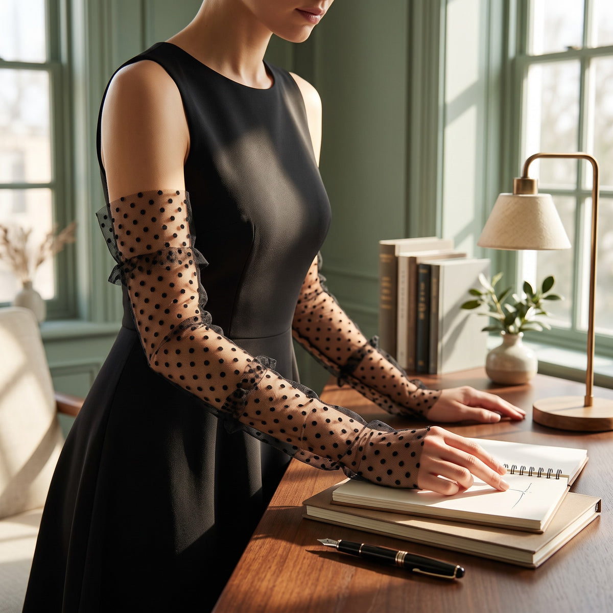 Black polka dot tulle arm cuffs, fingerless, ruched with a ruffle edge.