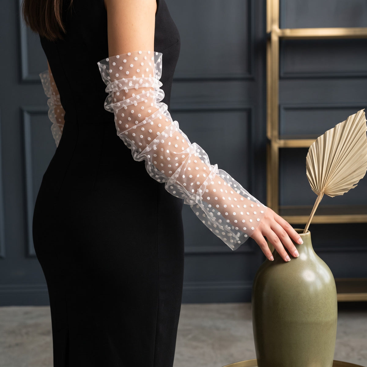 White polka dot tulle arm cuffs, fingerless, ruched with a ruffle edge.