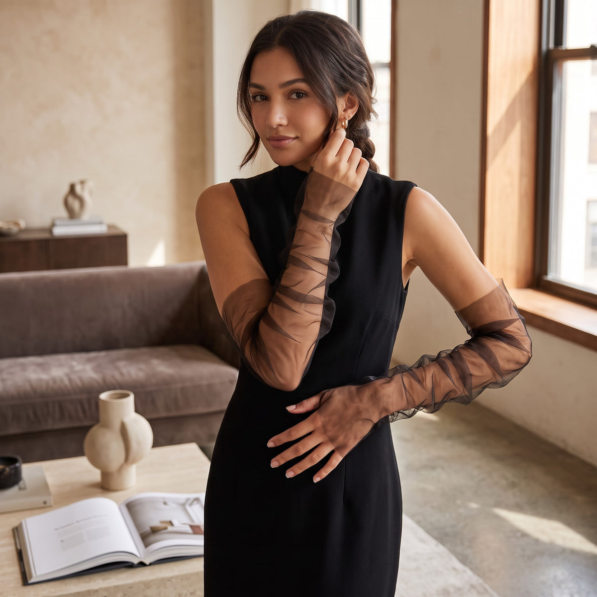 Ruched black tulle arm cuffs, fingerless, plain with a ruffle edge.