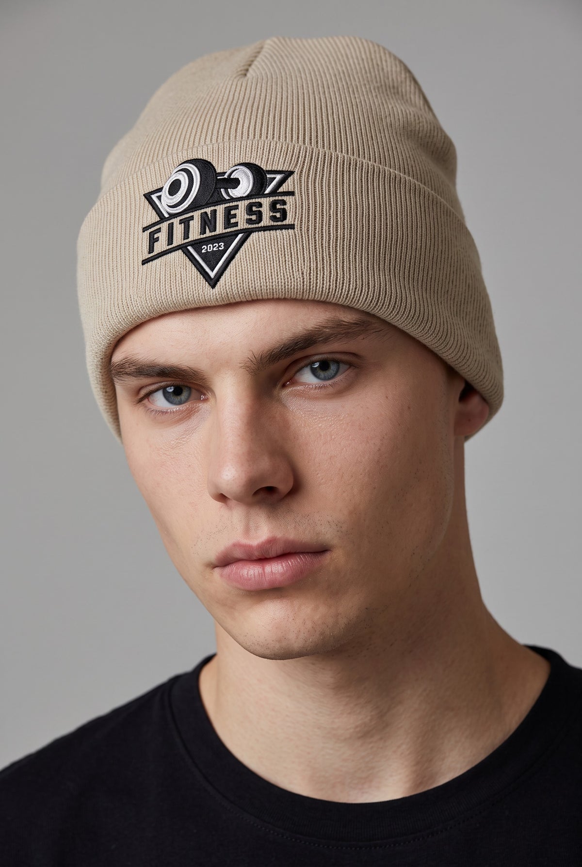 Model wearing a beige Eddia beanie with custom cuff embroidery