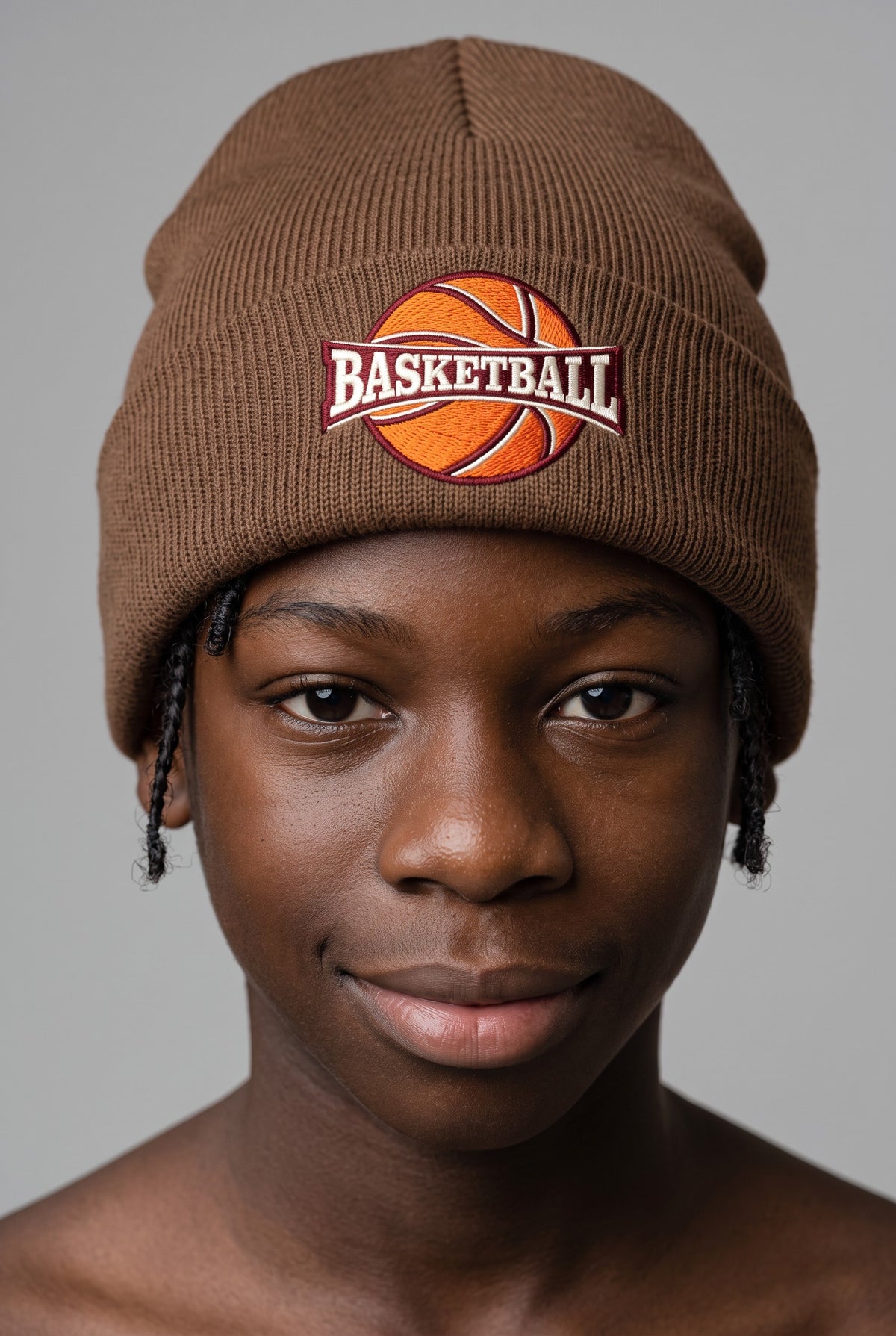 Model wearing a mocha Eddia beanie with custom cuff embroidery