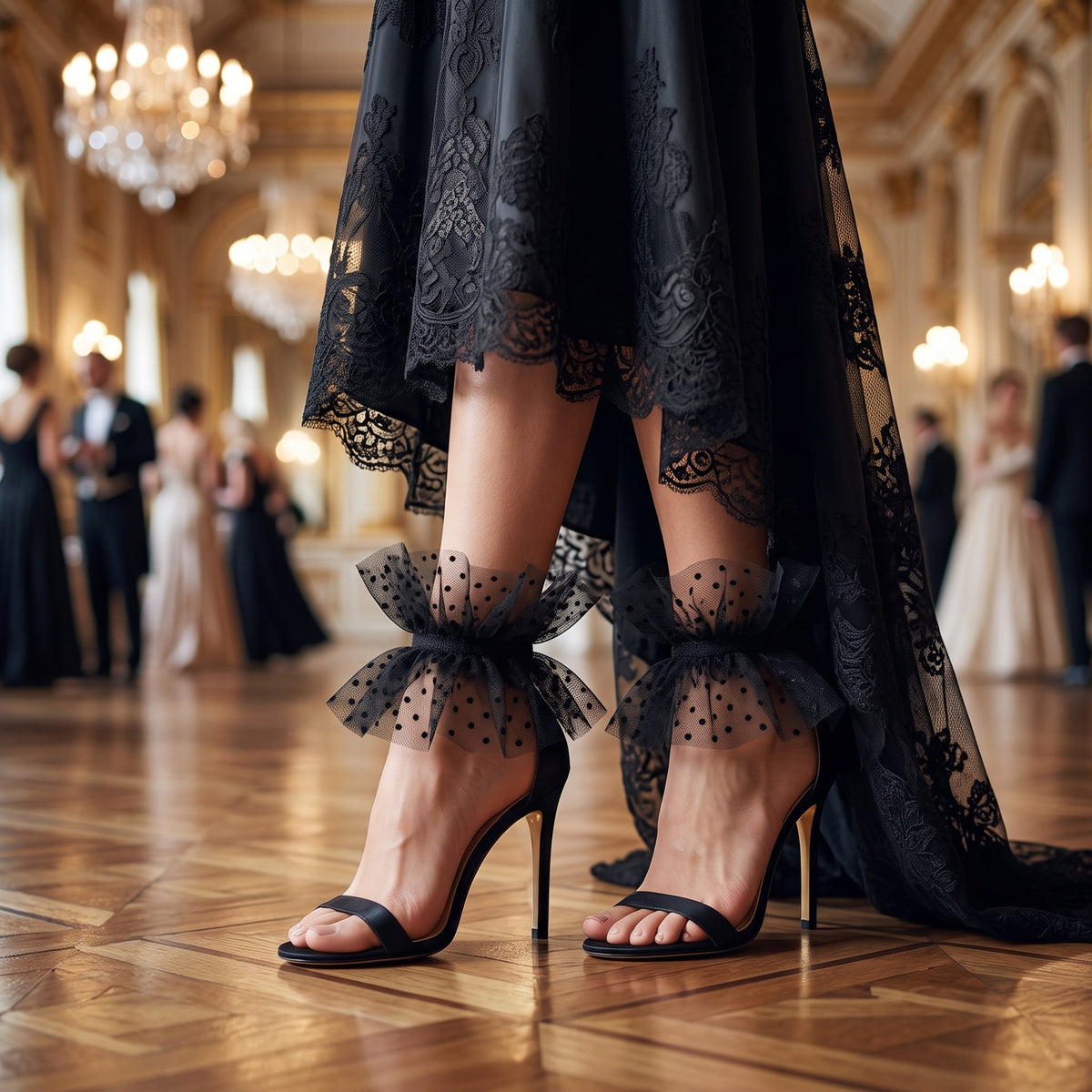 Black Polka Dot Tulle Ankle Cuffs, worn with black heels under a lace gown in a ballroom