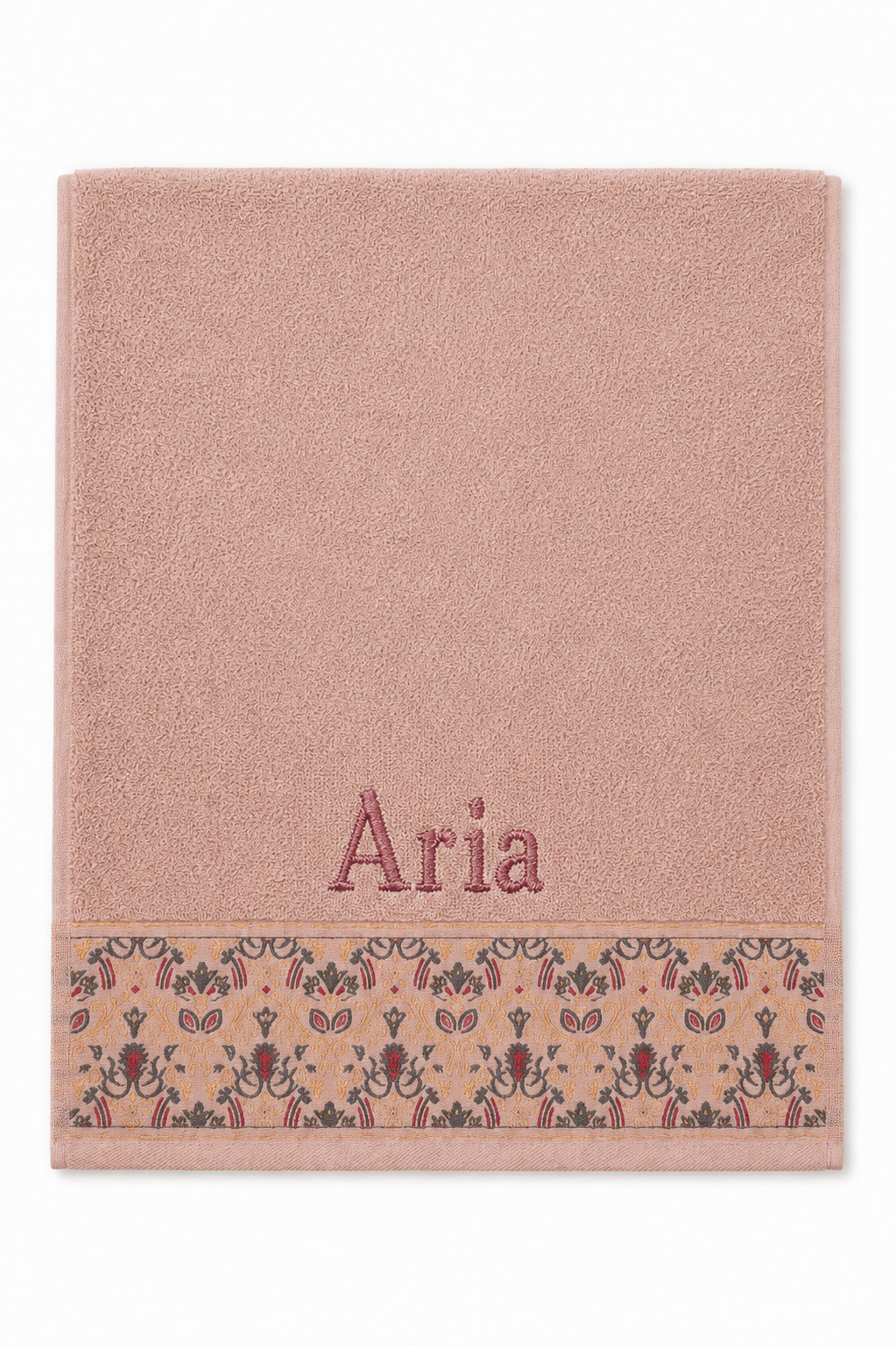 Aria personalized hair towel, dusty rose serif embroidery on blush pink cotton with a patterned border