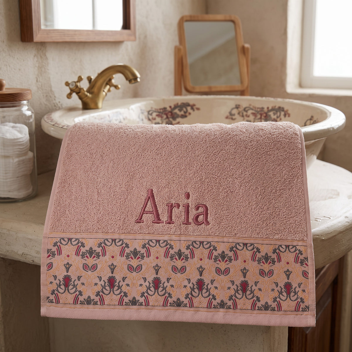 Aria personalized hair towel, dusty rose serif embroidery on blush pink cotton with a patterned border — photo 3