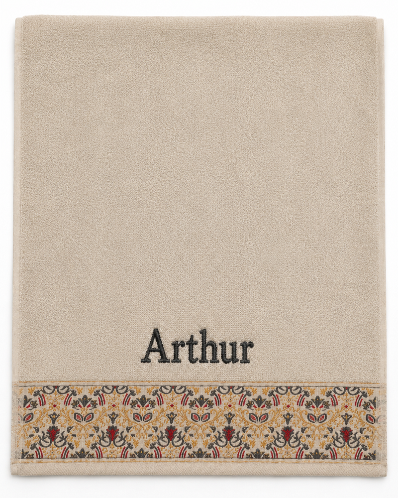 Arthur Embroidered Hair Towel | Personalized Patterned Cotton Towel, Charcoal Grey Serif on Cream