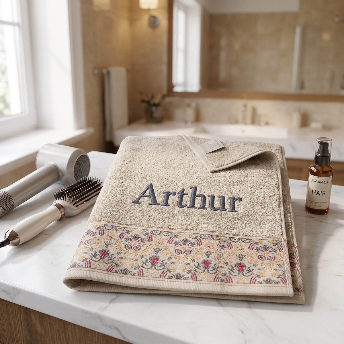 Arthur personalized hair towel, charcoal grey serif embroidery on cream cotton with a patterned border — photo 7