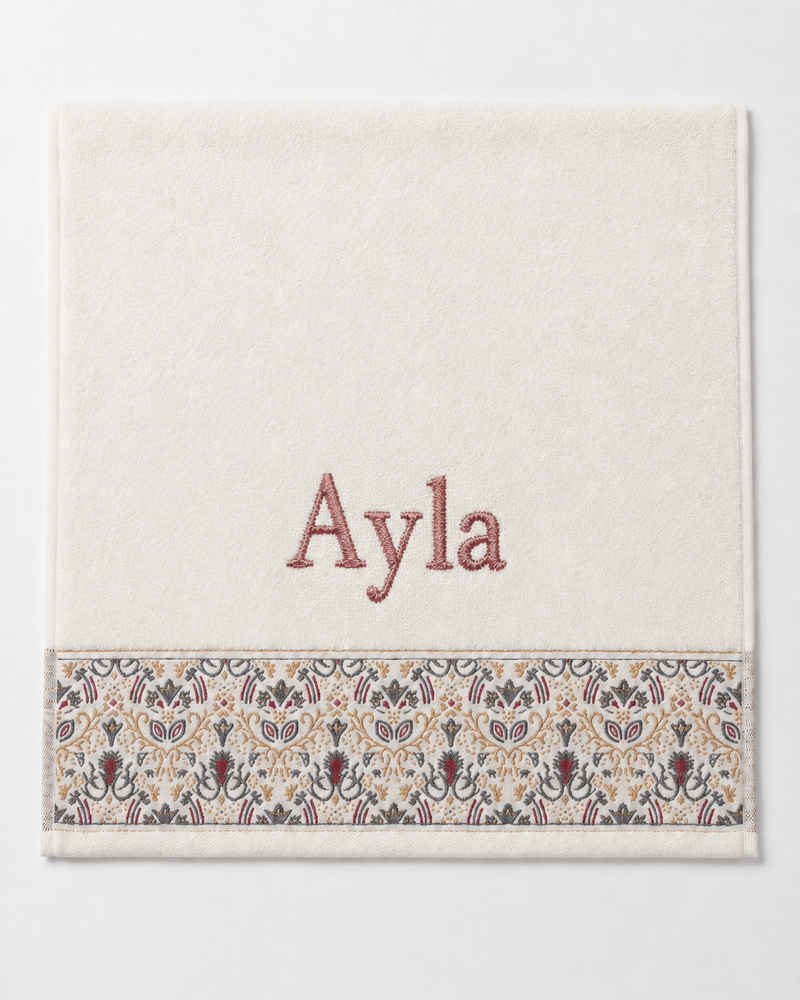 Ayla Embroidered Hair Towel | Personalized Patterned Cotton Towel, Dusty Rose Serif on Ivory