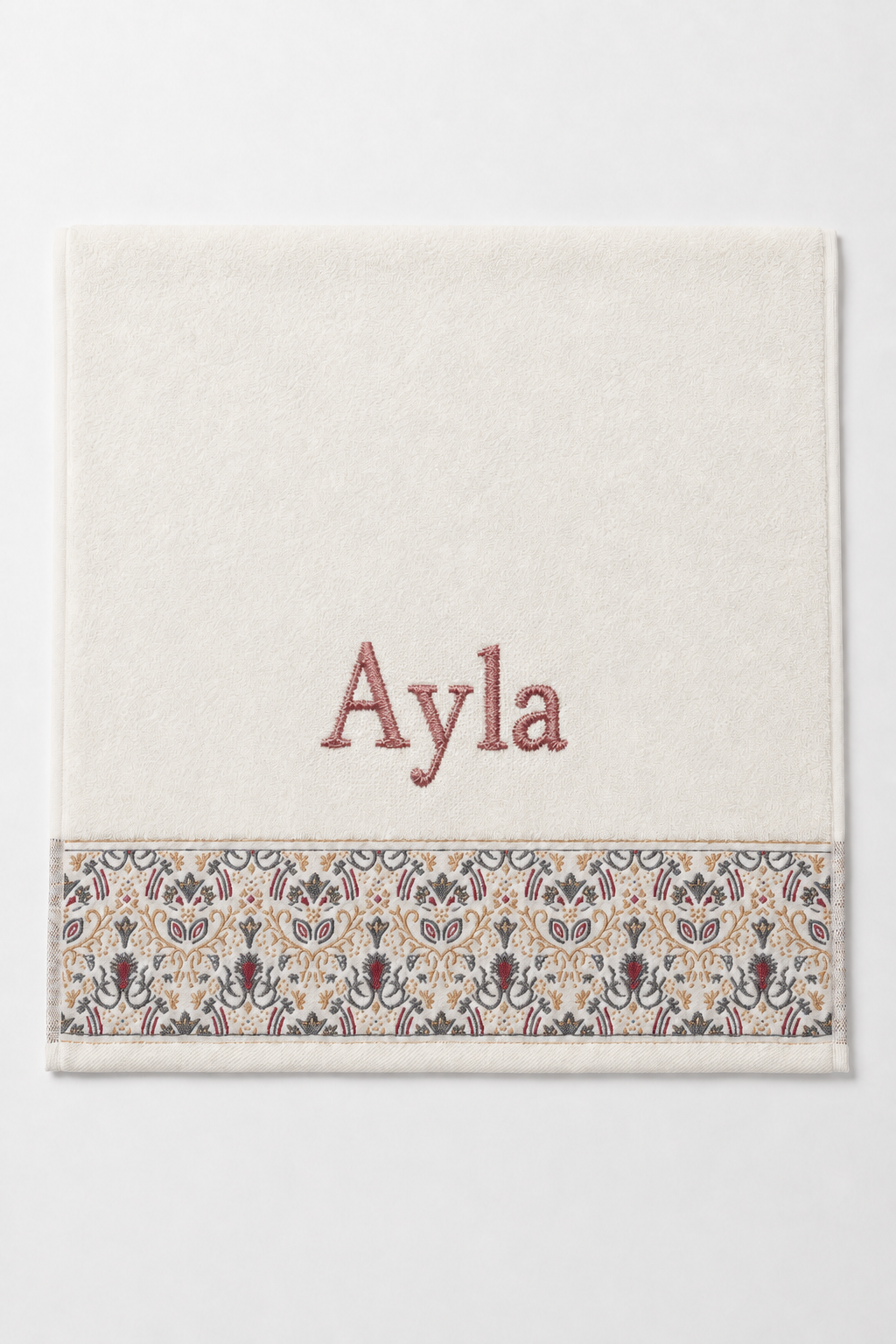 Ayla personalized hair towel, dusty rose serif embroidery on ivory cotton with a patterned border