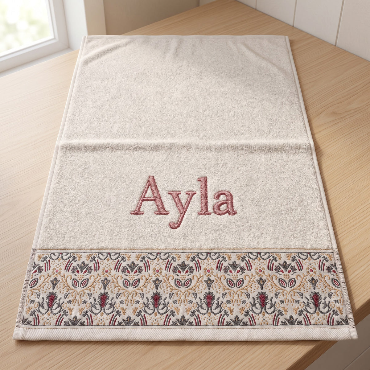 Ayla personalized hair towel, dusty rose serif embroidery on ivory cotton with a patterned border — photo 2