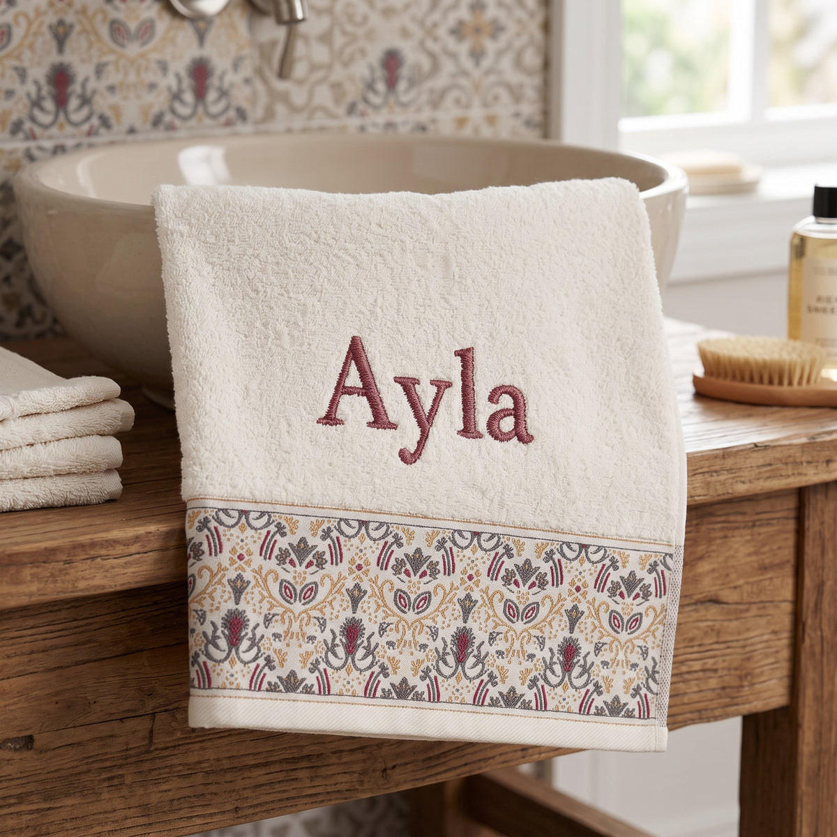 Ayla personalized hair towel, dusty rose serif embroidery on ivory cotton with a patterned border — photo 4