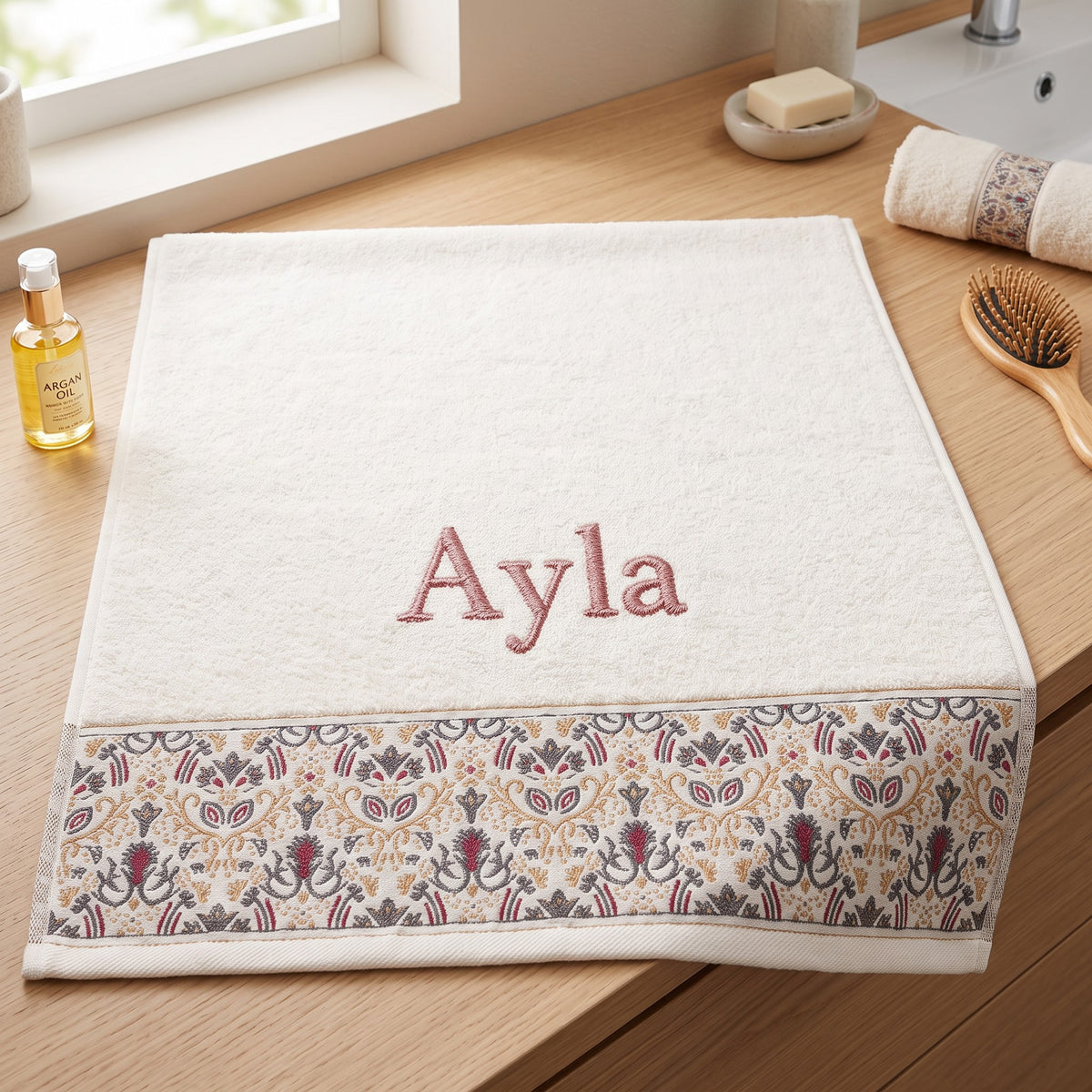 Ayla personalized hair towel, dusty rose serif embroidery on ivory cotton with a patterned border — photo 5