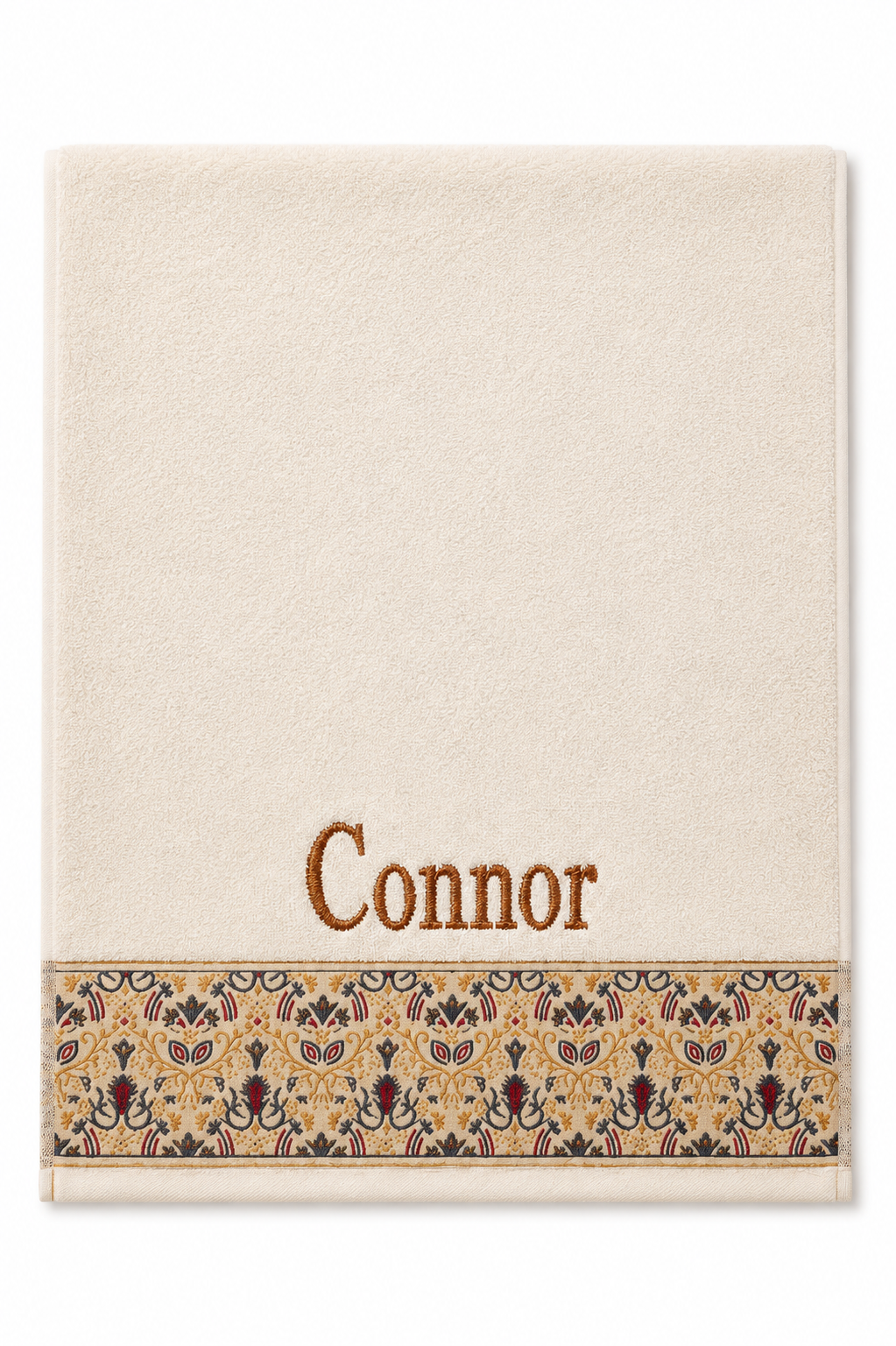 Connor personalized hair towel, copper brown serif embroidery on ivory cotton with a patterned border