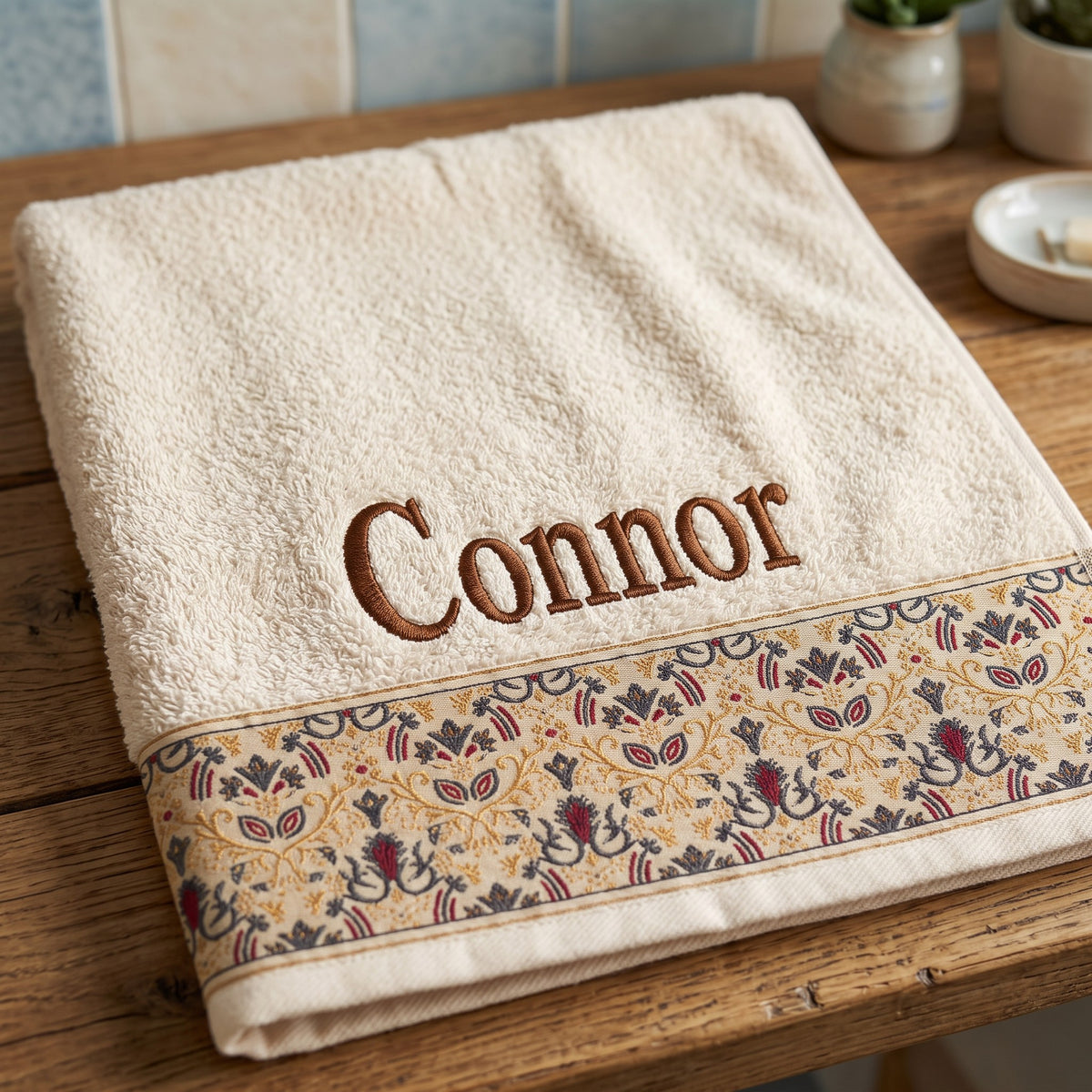 Connor personalized hair towel, copper brown serif embroidery on ivory cotton with a patterned border — photo 2