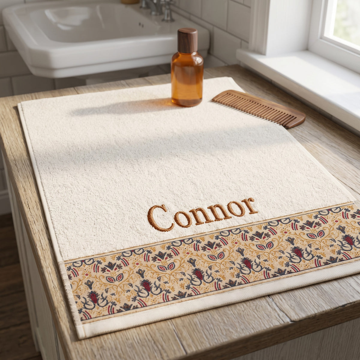 Connor personalized hair towel, copper brown serif embroidery on ivory cotton with a patterned border — photo 3