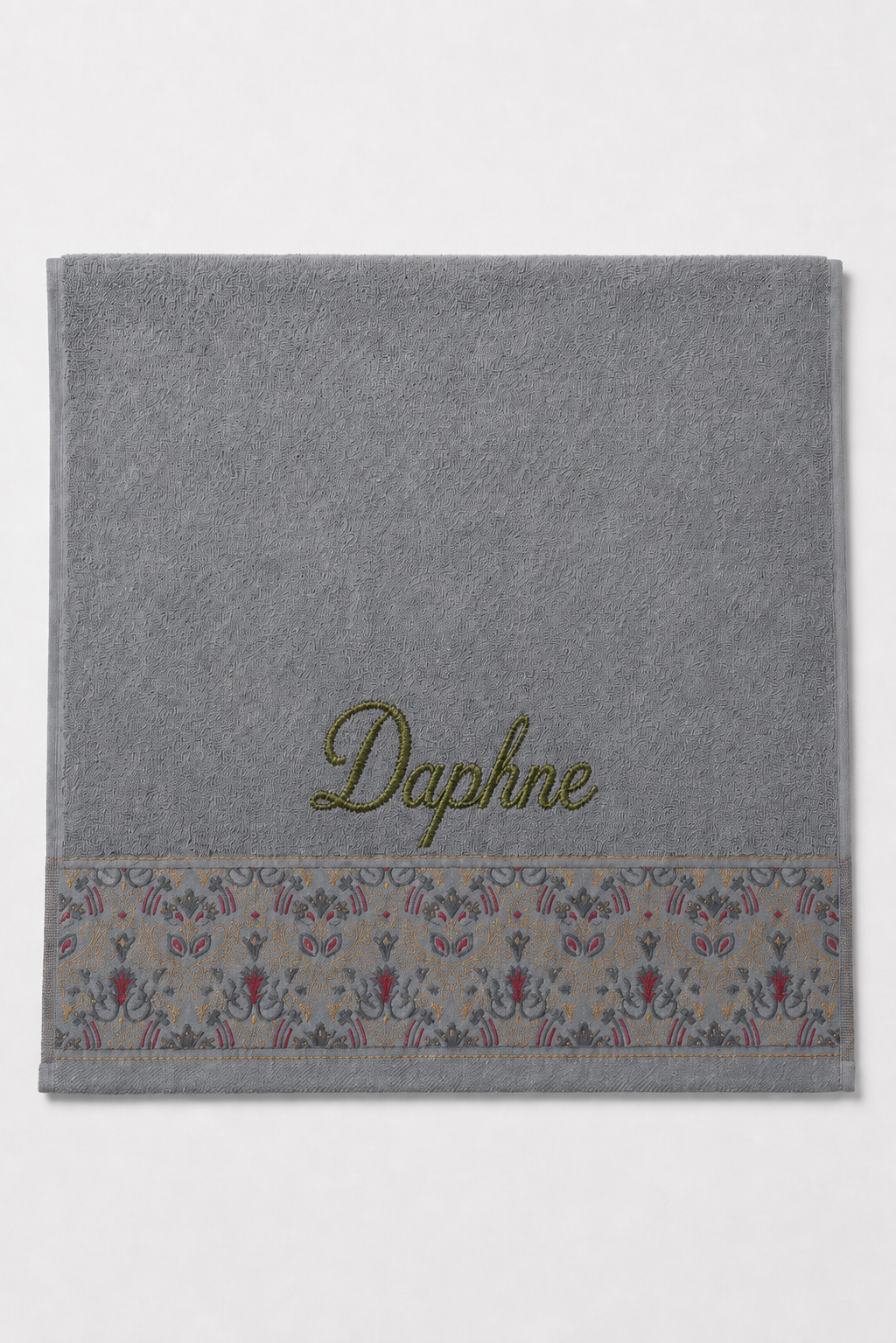Daphne personalized hair towel, olive green script embroidery on light gray cotton with a patterned border
