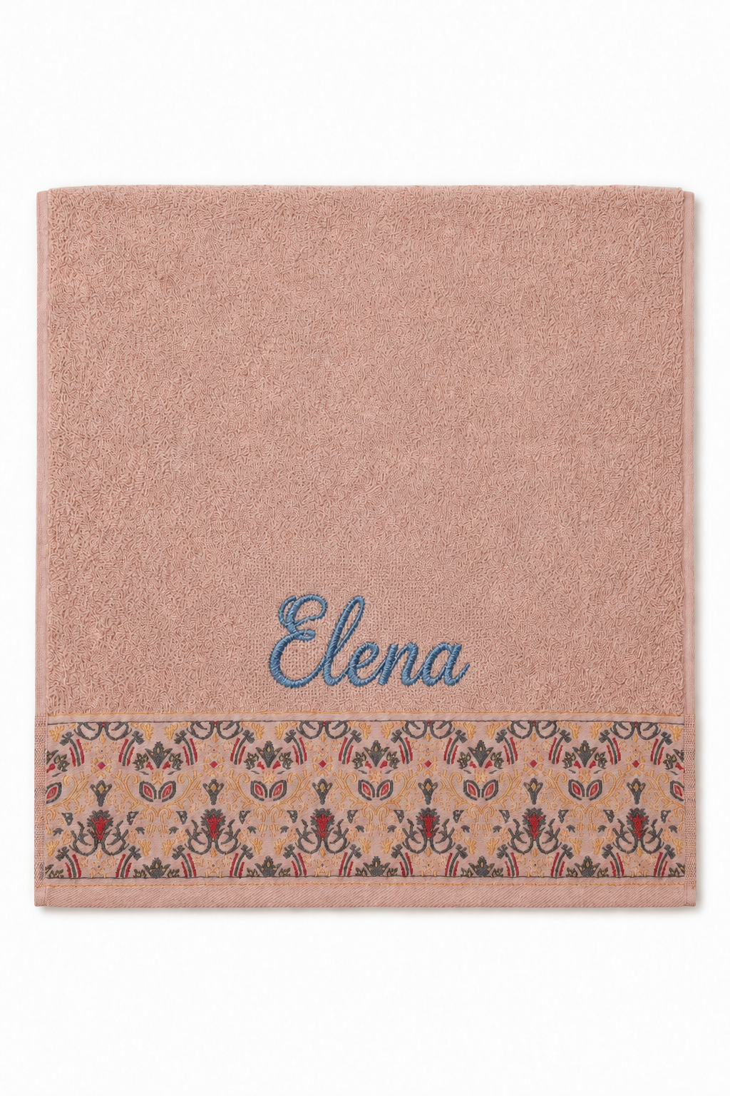 Elena personalized hair towel, cornflower blue script embroidery on blush pink cotton with a patterned border