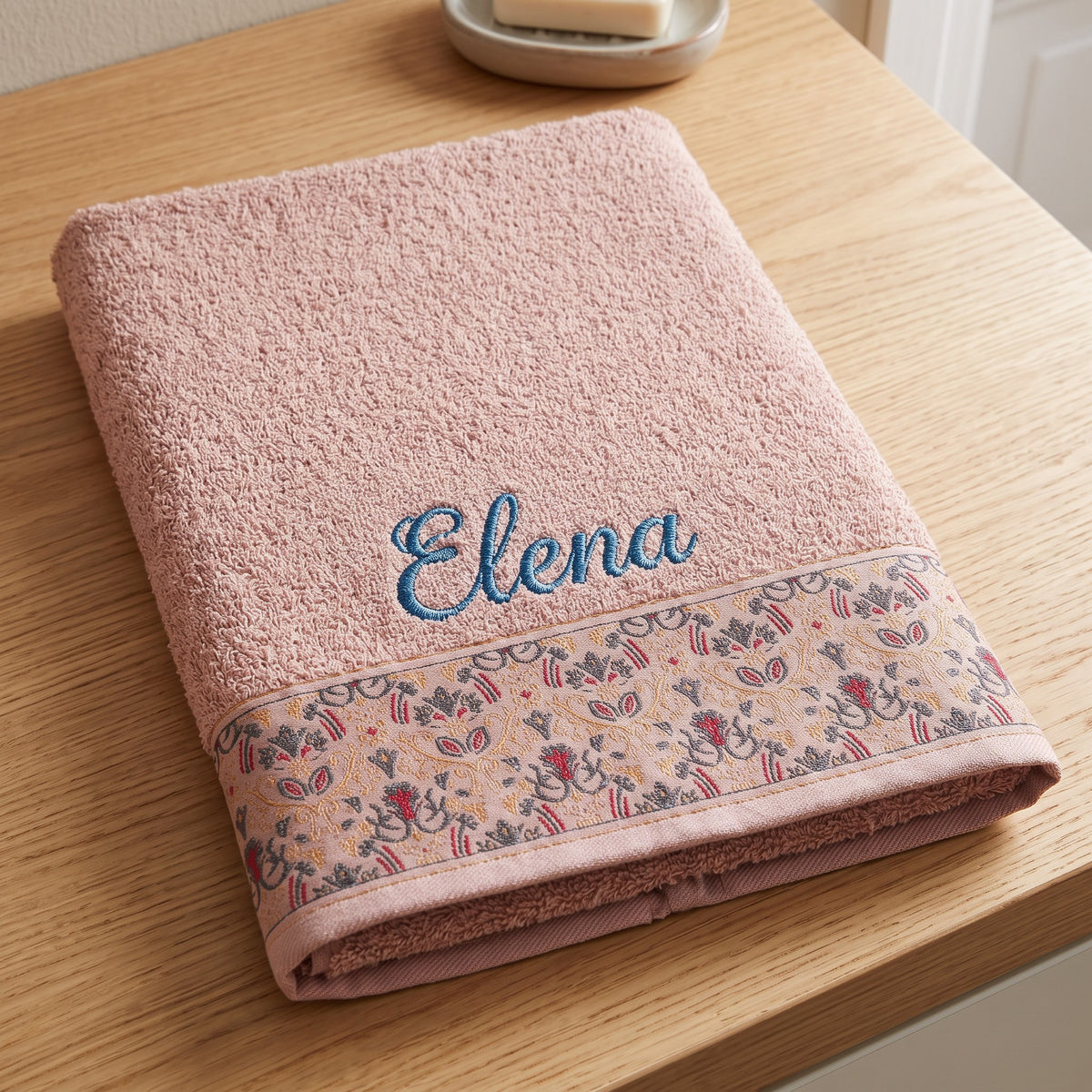 Elena personalized hair towel, cornflower blue script embroidery on blush pink cotton with a patterned border — photo 3