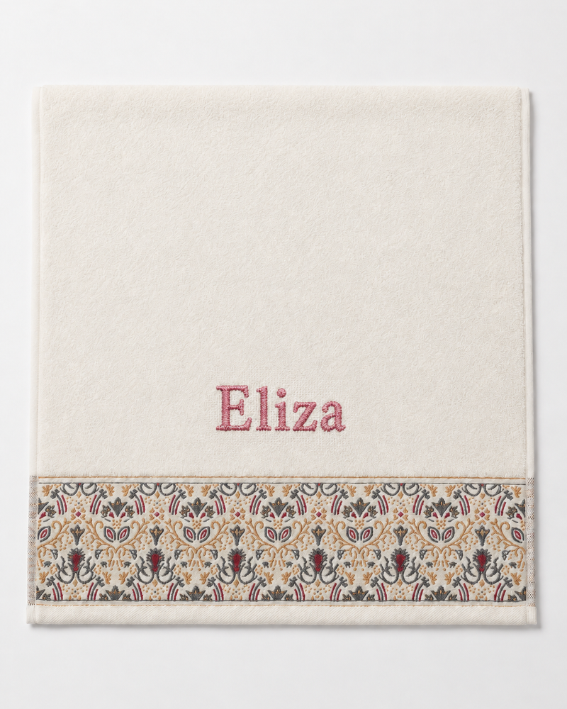 Eliza Embroidered Hair Towel | Personalized Patterned Cotton Towel, Rose Pink Serif on Ivory