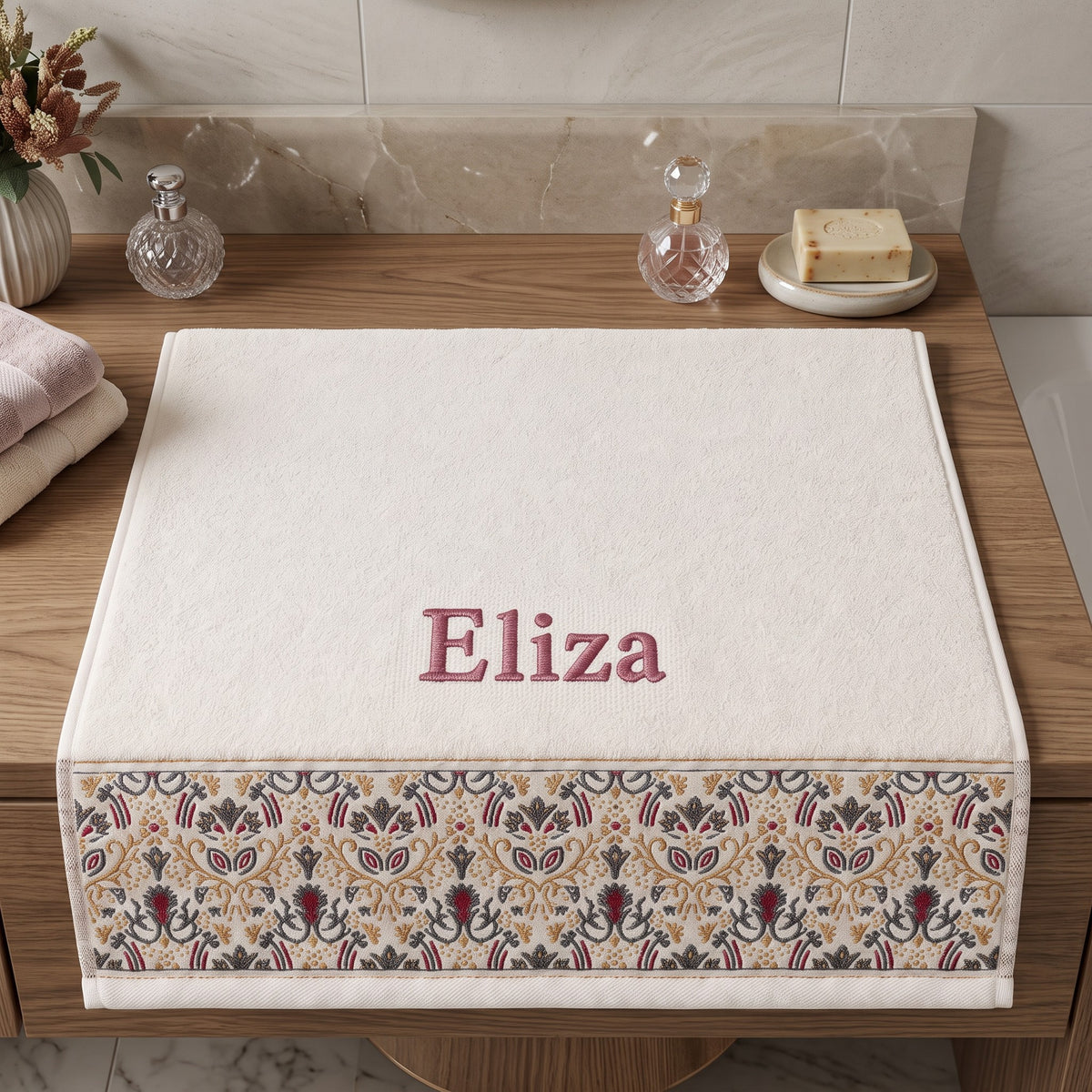 Eliza personalized hair towel, rose pink serif embroidery on ivory cotton with a patterned border — photo 2
