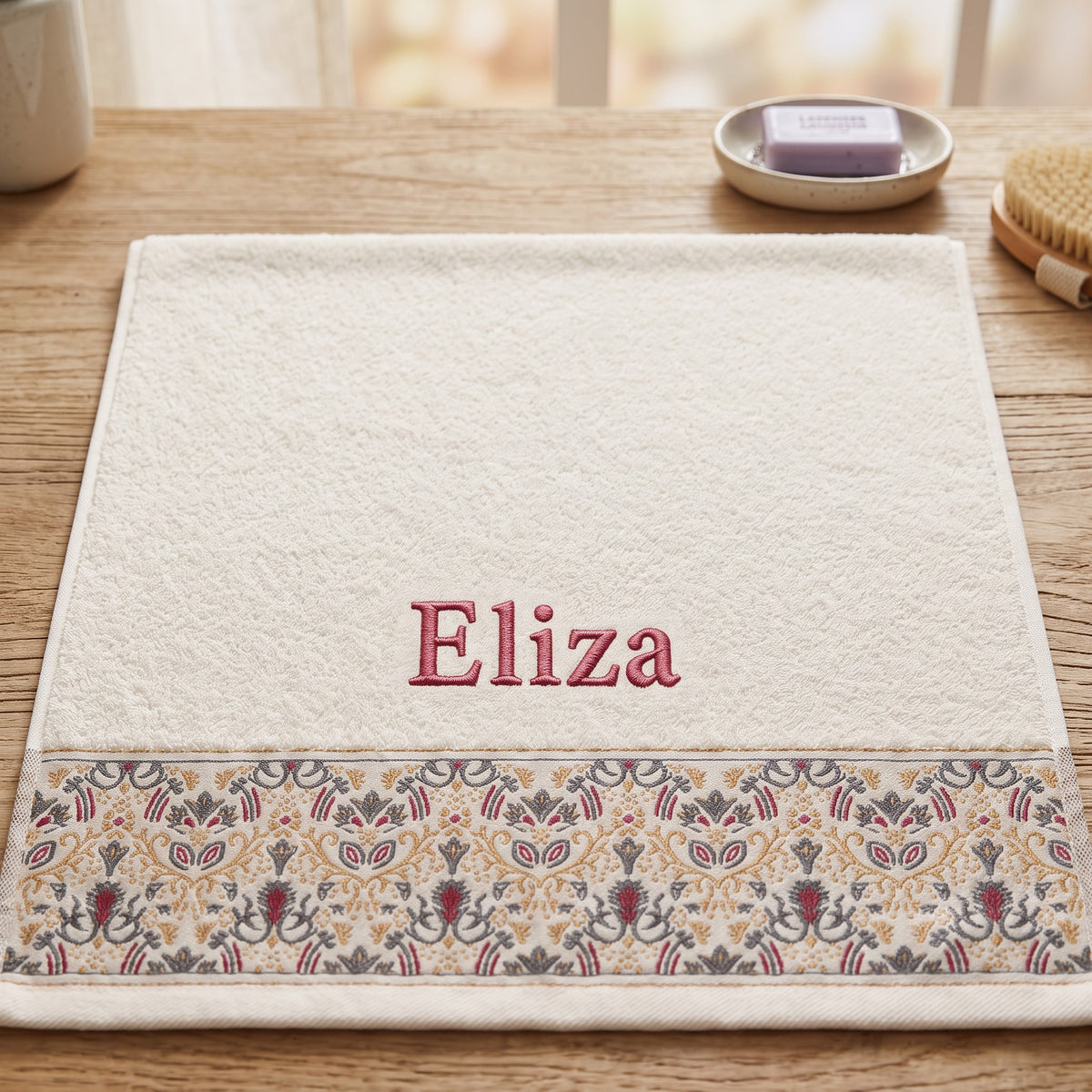 Eliza personalized hair towel, rose pink serif embroidery on ivory cotton with a patterned border — photo 4