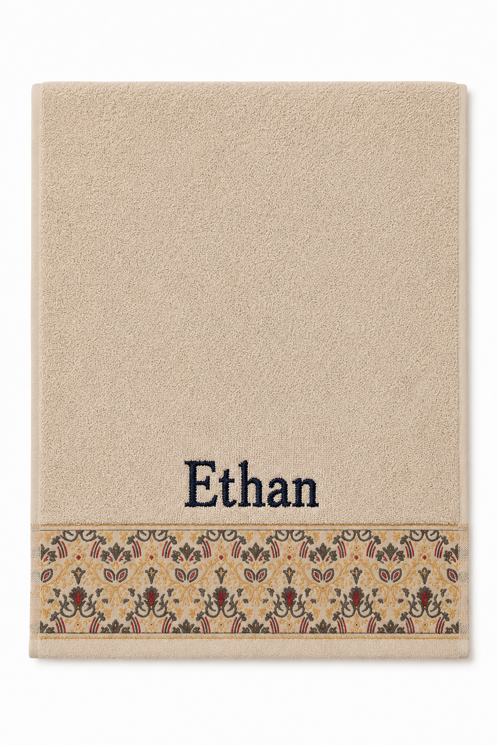 Ethan personalized hair towel, navy serif embroidery on cream cotton with a patterned border