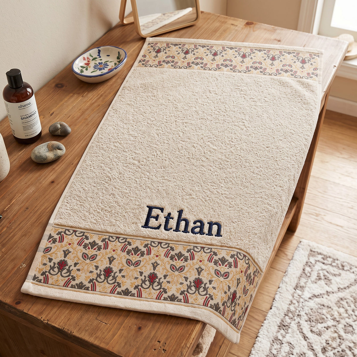 Ethan personalized hair towel, navy serif embroidery on cream cotton with a patterned border — photo 5