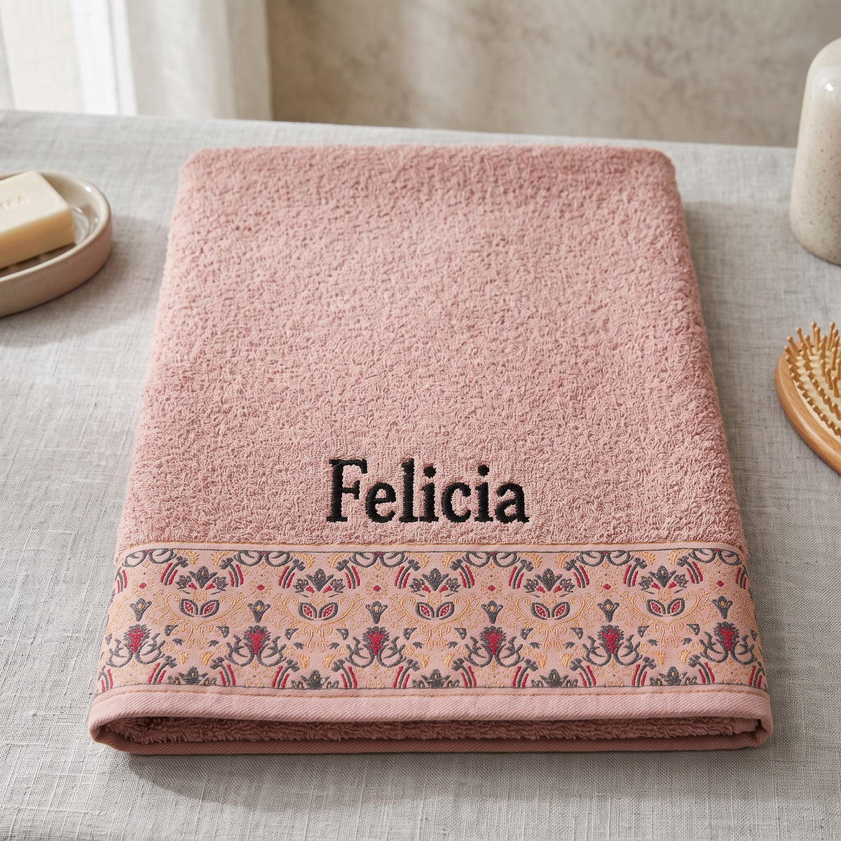 Felicia personalized hair towel, black serif embroidery on blush pink cotton with a patterned border — photo 3