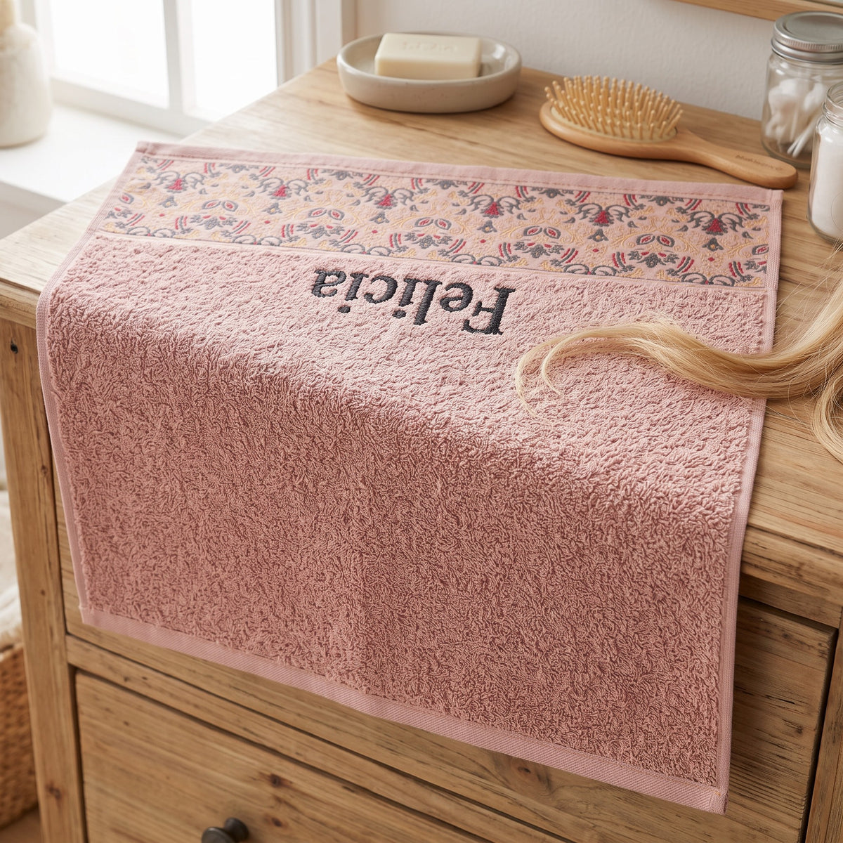 Felicia personalized hair towel, black serif embroidery on blush pink cotton with a patterned border — photo 4