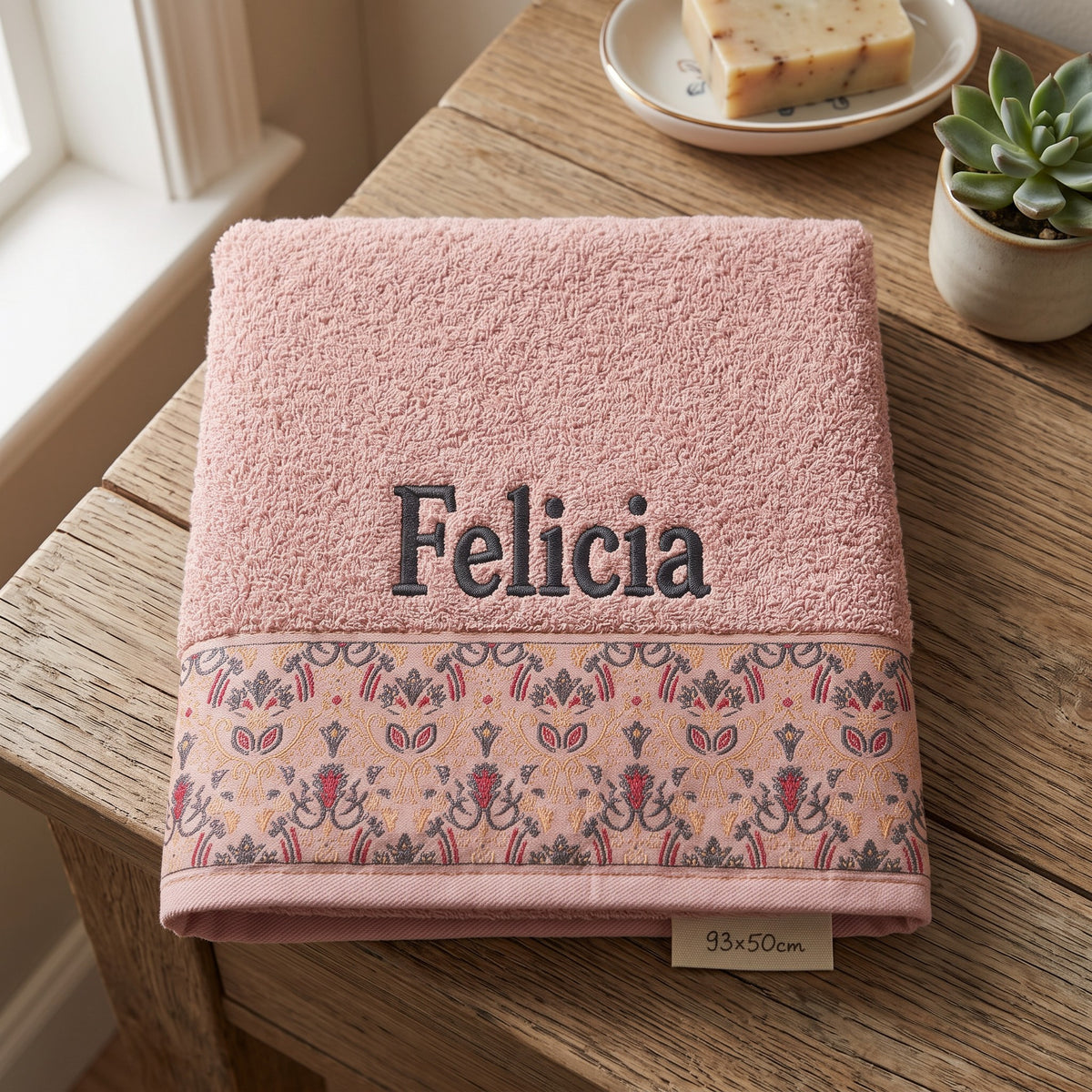 Felicia personalized hair towel, black serif embroidery on blush pink cotton with a patterned border — photo 5