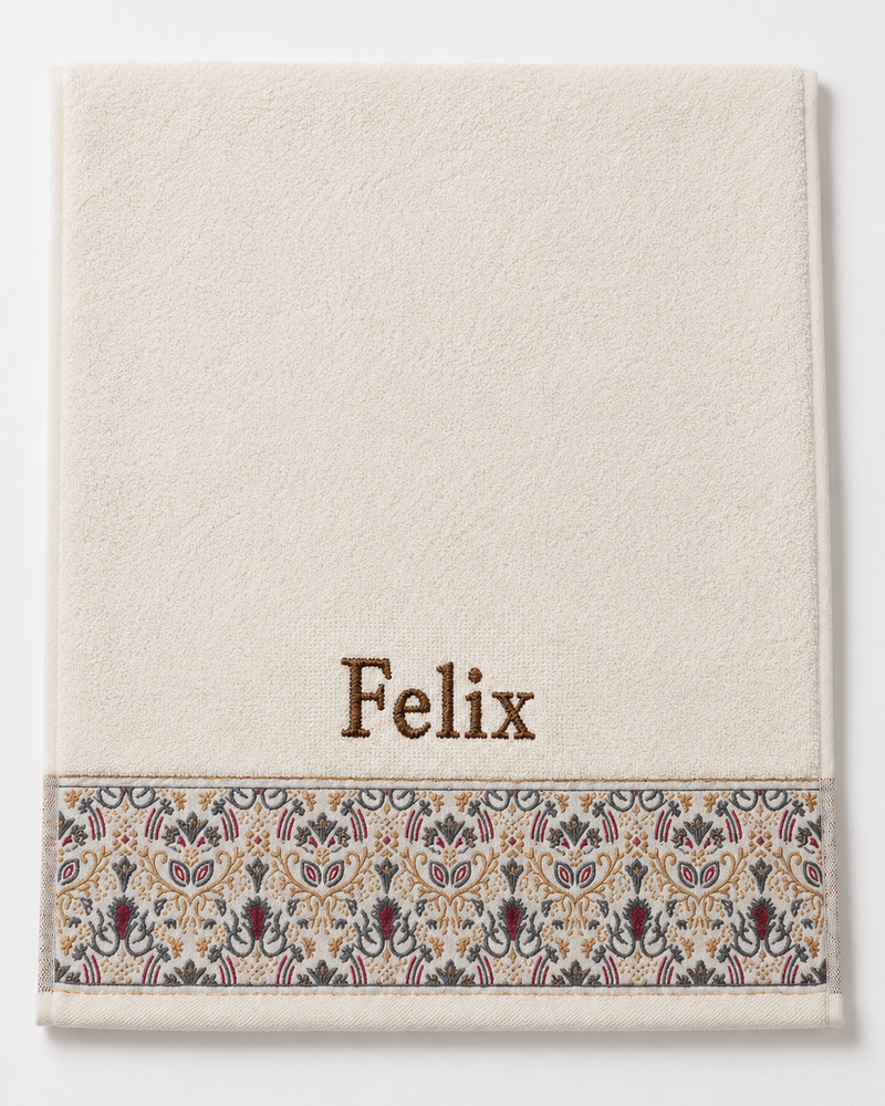 Felix Embroidered Hair Towel | Personalized Patterned Cotton Towel, Brown Serif on Ivory