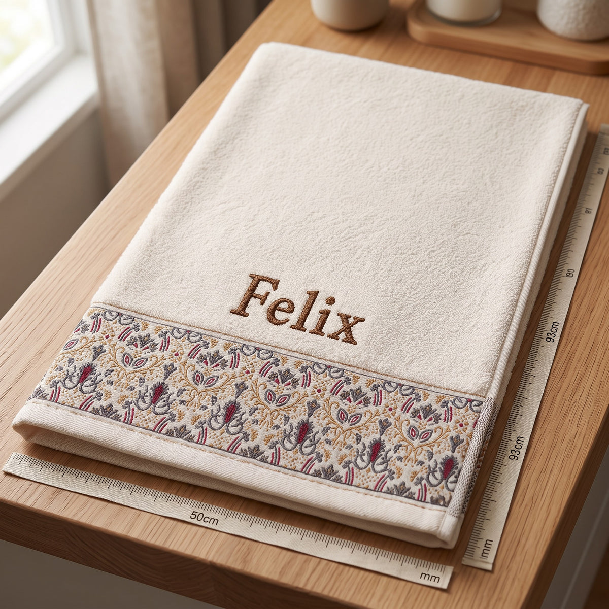 Felix personalized hair towel, brown serif embroidery on ivory cotton with a patterned border — photo 2