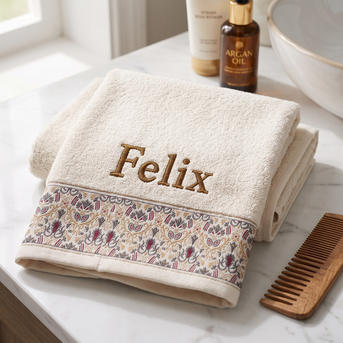 Felix personalized hair towel, brown serif embroidery on ivory cotton with a patterned border — photo 3