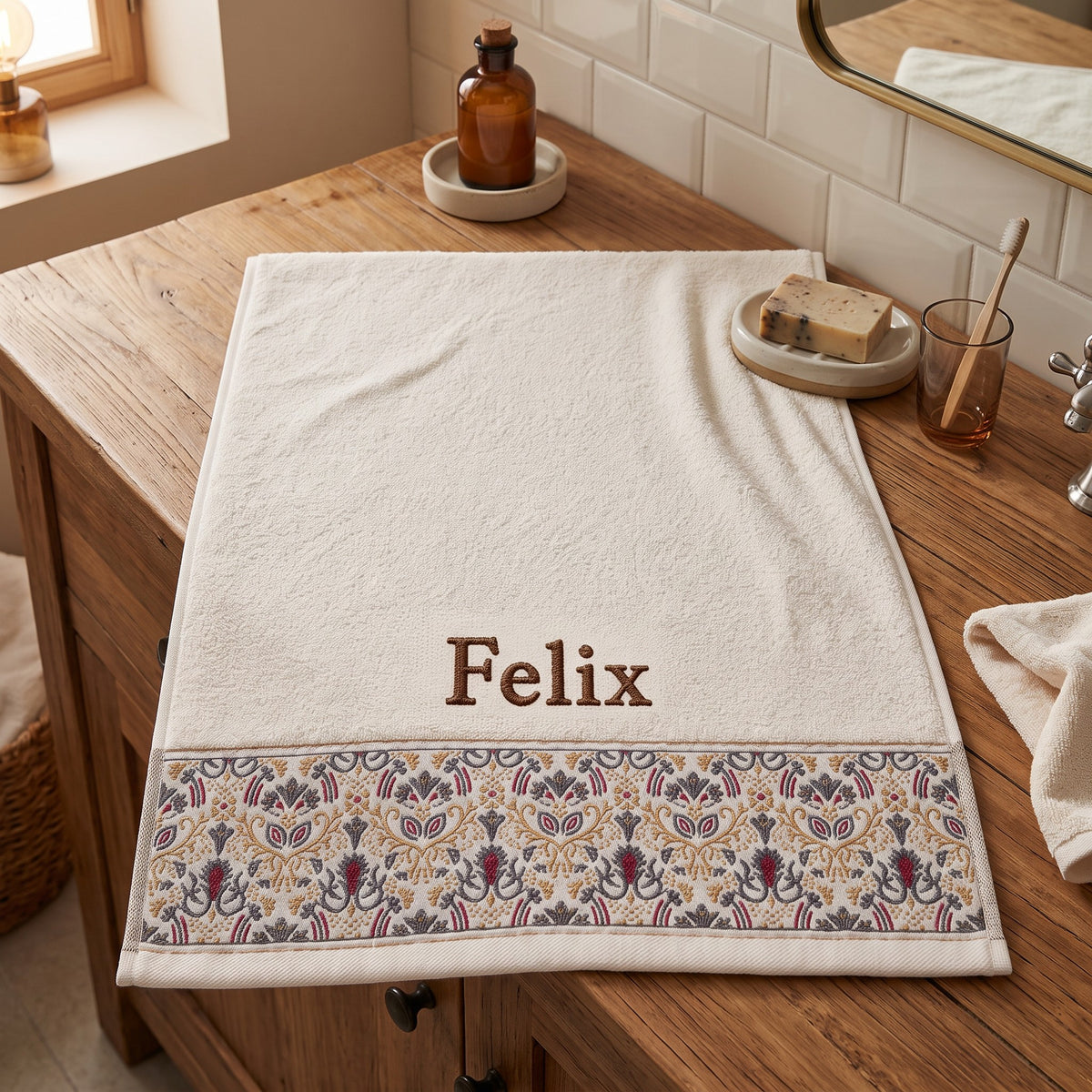Felix personalized hair towel, brown serif embroidery on ivory cotton with a patterned border — photo 5