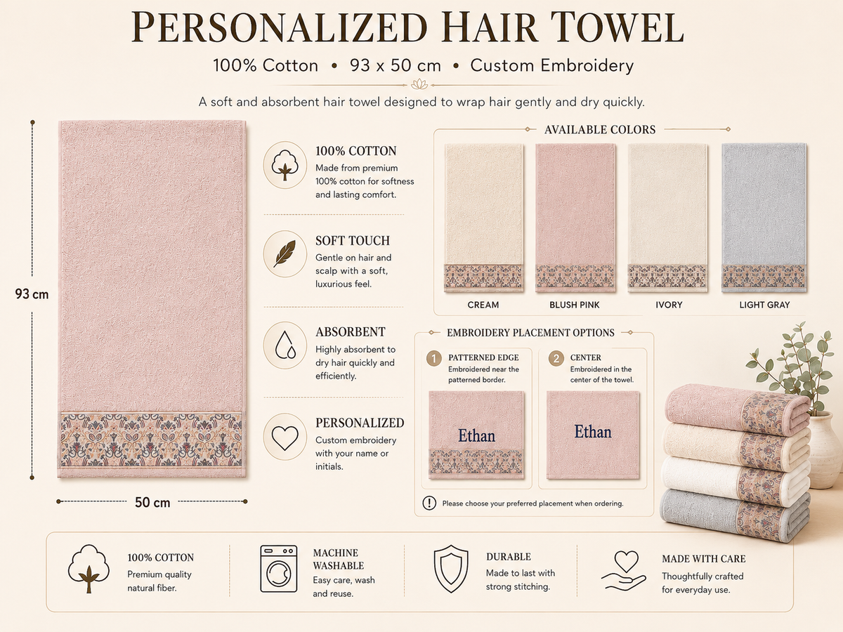 Personalized cotton hair towel with a patterned border, 93 x 50 cm, 100% cotton — embroidery close to the patterned edge or in the centre; cream, blush pink, ivory and light gray