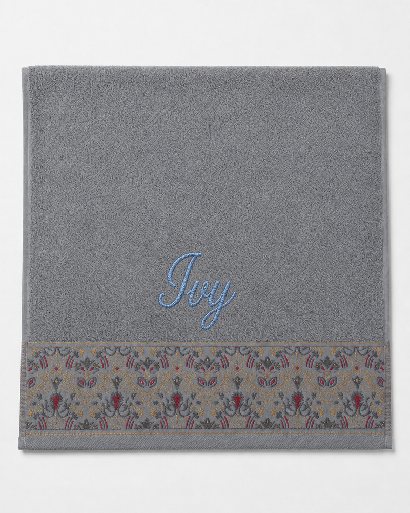 Ivy Embroidered Hair Towel | Personalized Patterned Cotton Towel, Light Blue Script on Light Gray