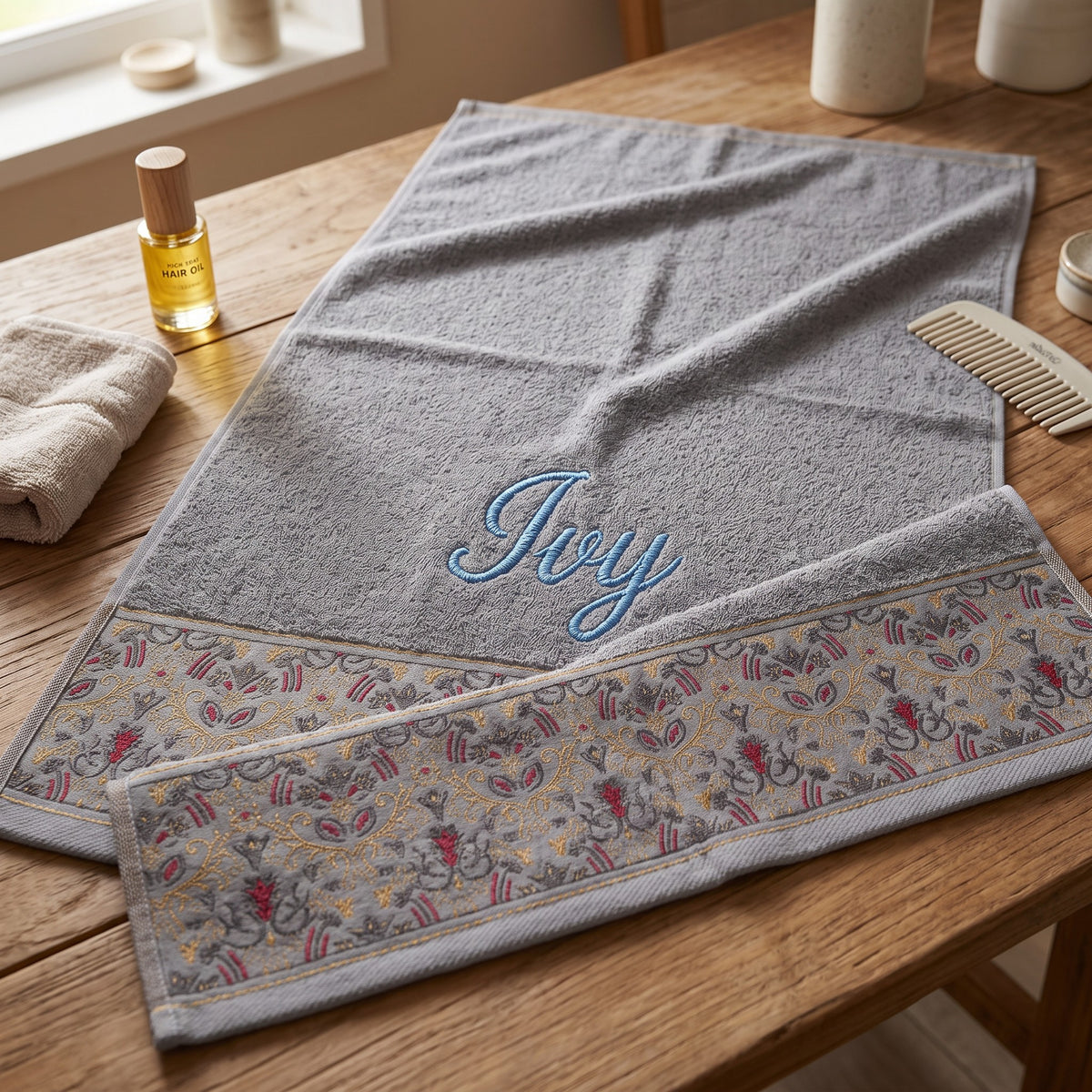 Ivy personalized hair towel, light blue script embroidery on light gray cotton with a patterned border — photo 2