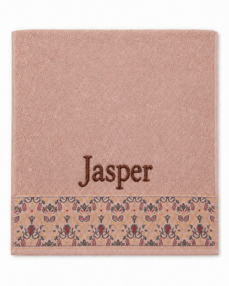 Jasper Embroidered Hair Towel | Personalized Patterned Cotton Towel, Chocolate Brown Serif on Blush Pink